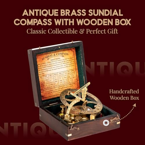 Antique Brass Sundial Compass with Black Wooden Presentation Box view 4