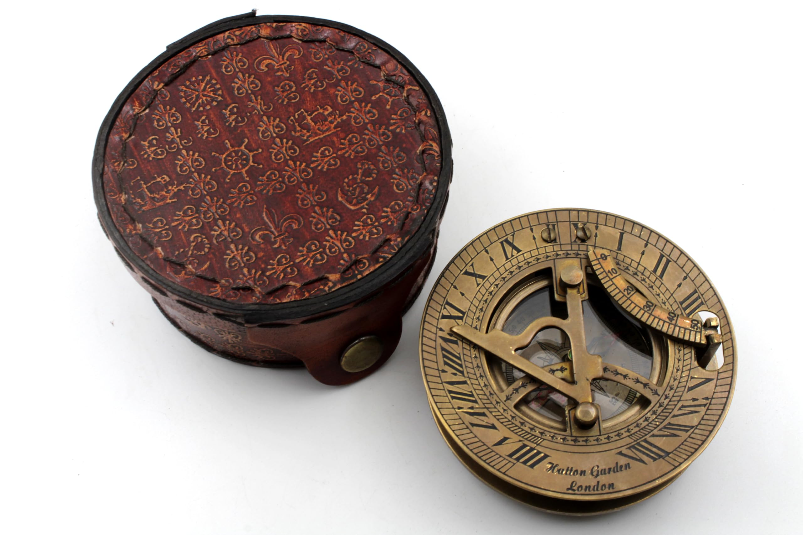 Antique Brass Sundial Compass with Leather Presentation Box view 8