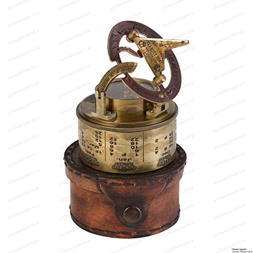 Antique Brass Sundial Compass with Leather Case view 2