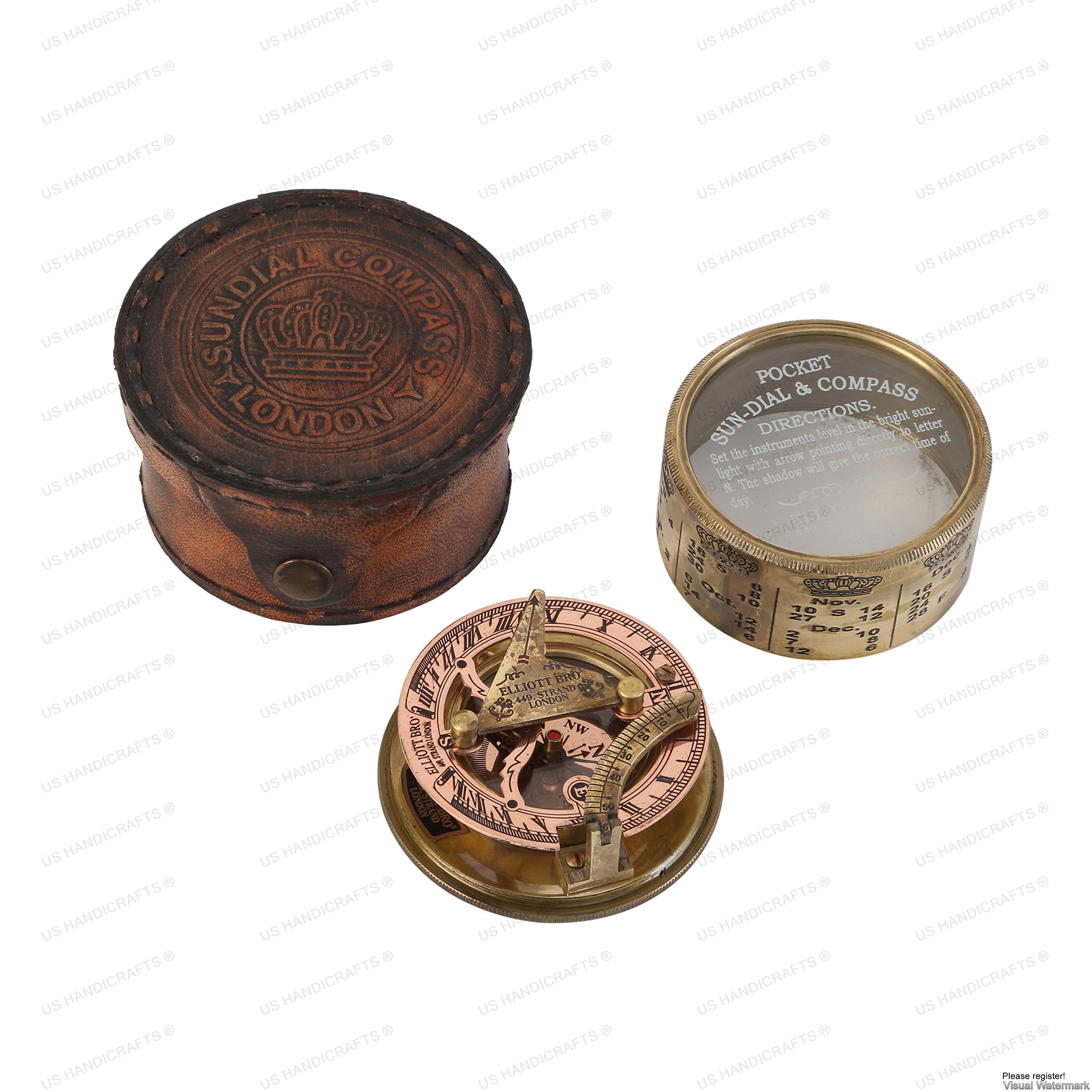 Antique Brass Sundial Compass with Leather Case view 9