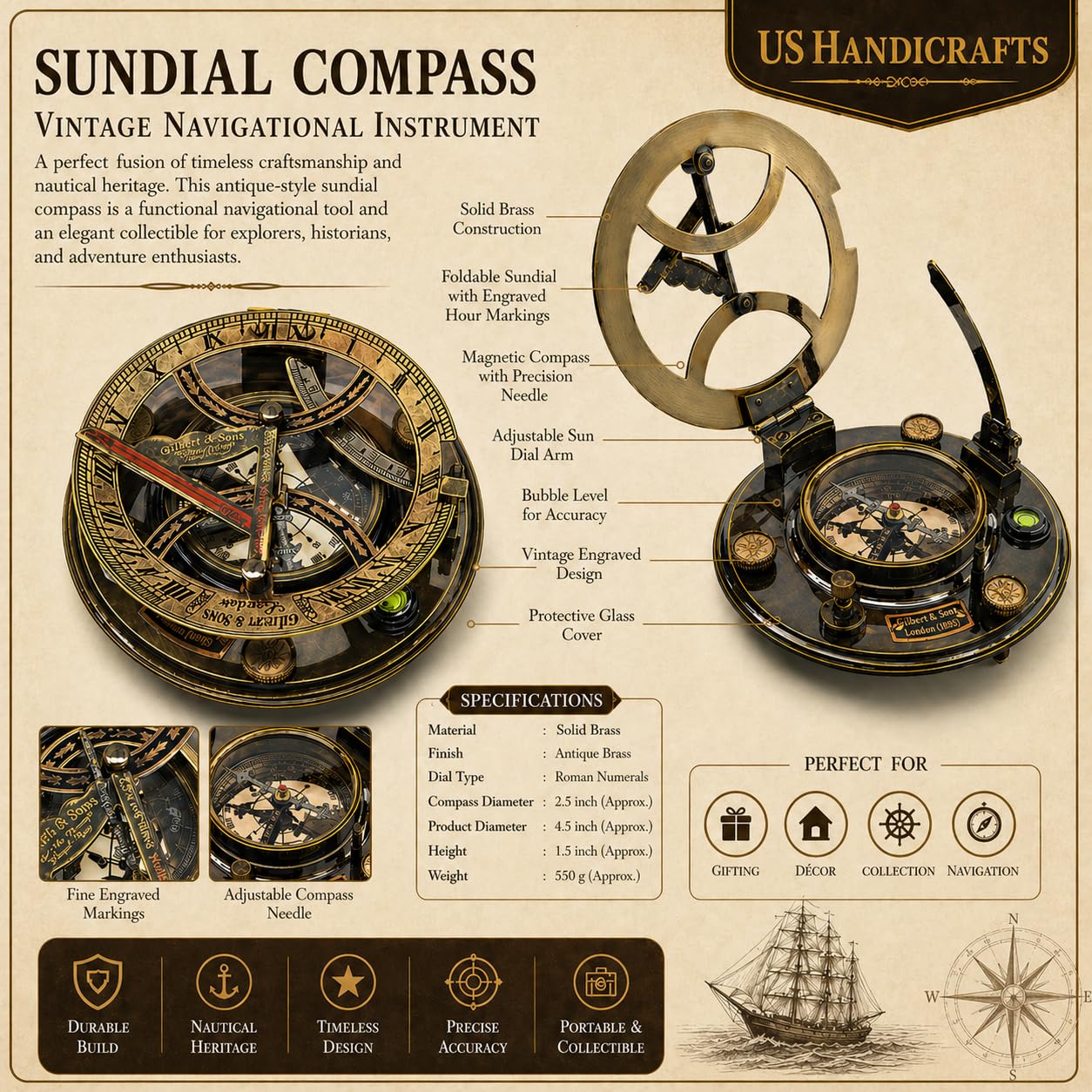 Black Antique Brass Sundial Compass with Black Wooden Presentation Box view 2