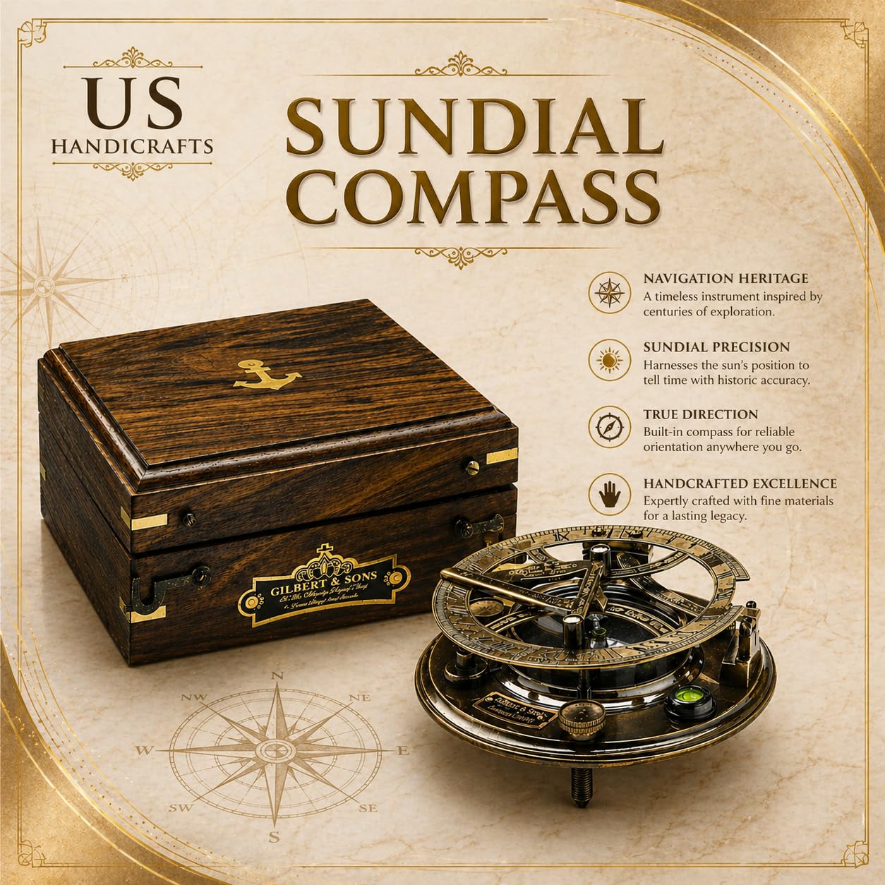 Black Antique Brass Sundial Compass with Black Wooden Presentation Box view 6