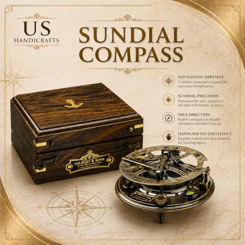 Black Antique Brass Sundial Compass with Black Wooden Presentation Box view 7