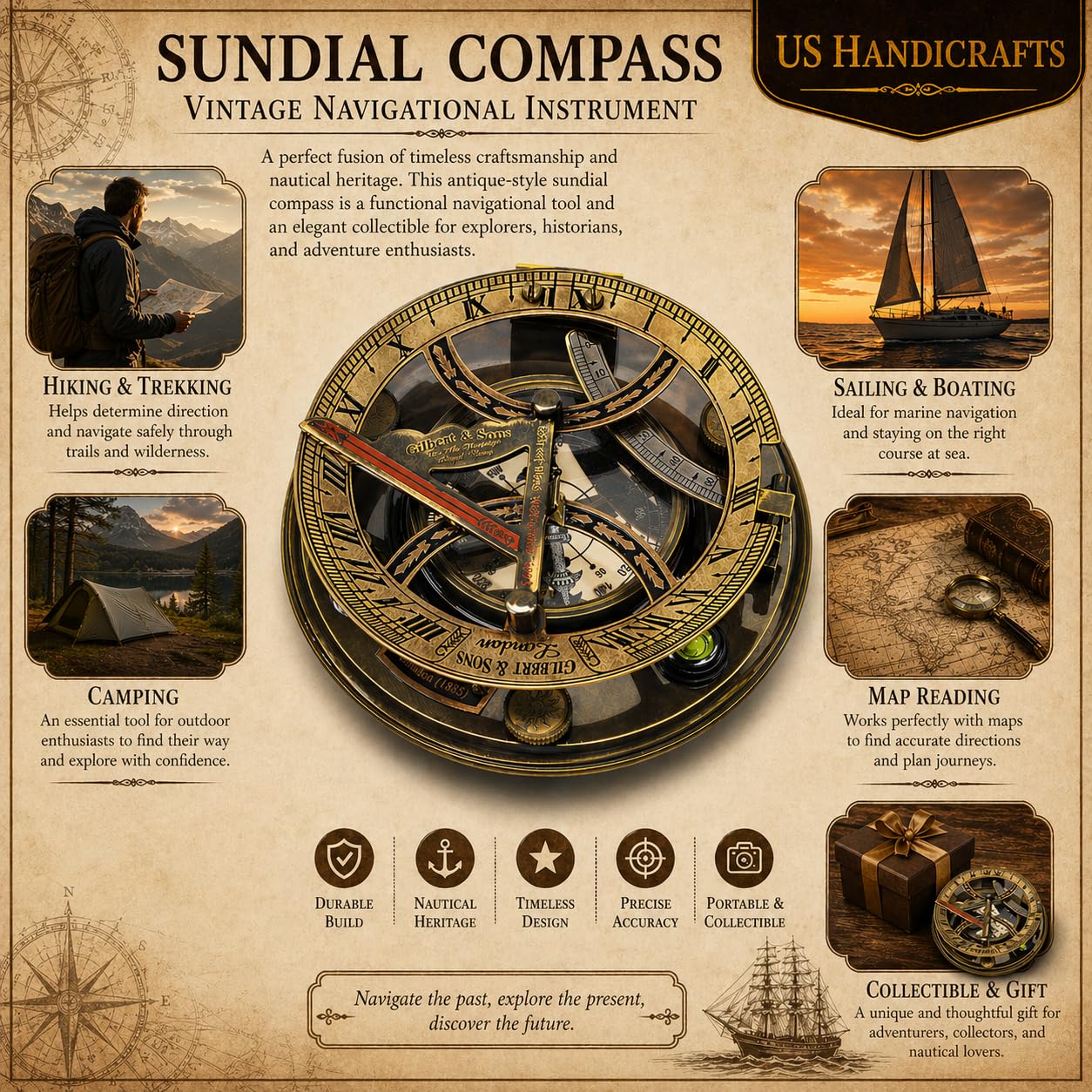 Black Antique Brass Sundial Compass with Black Wooden Presentation Box view 8