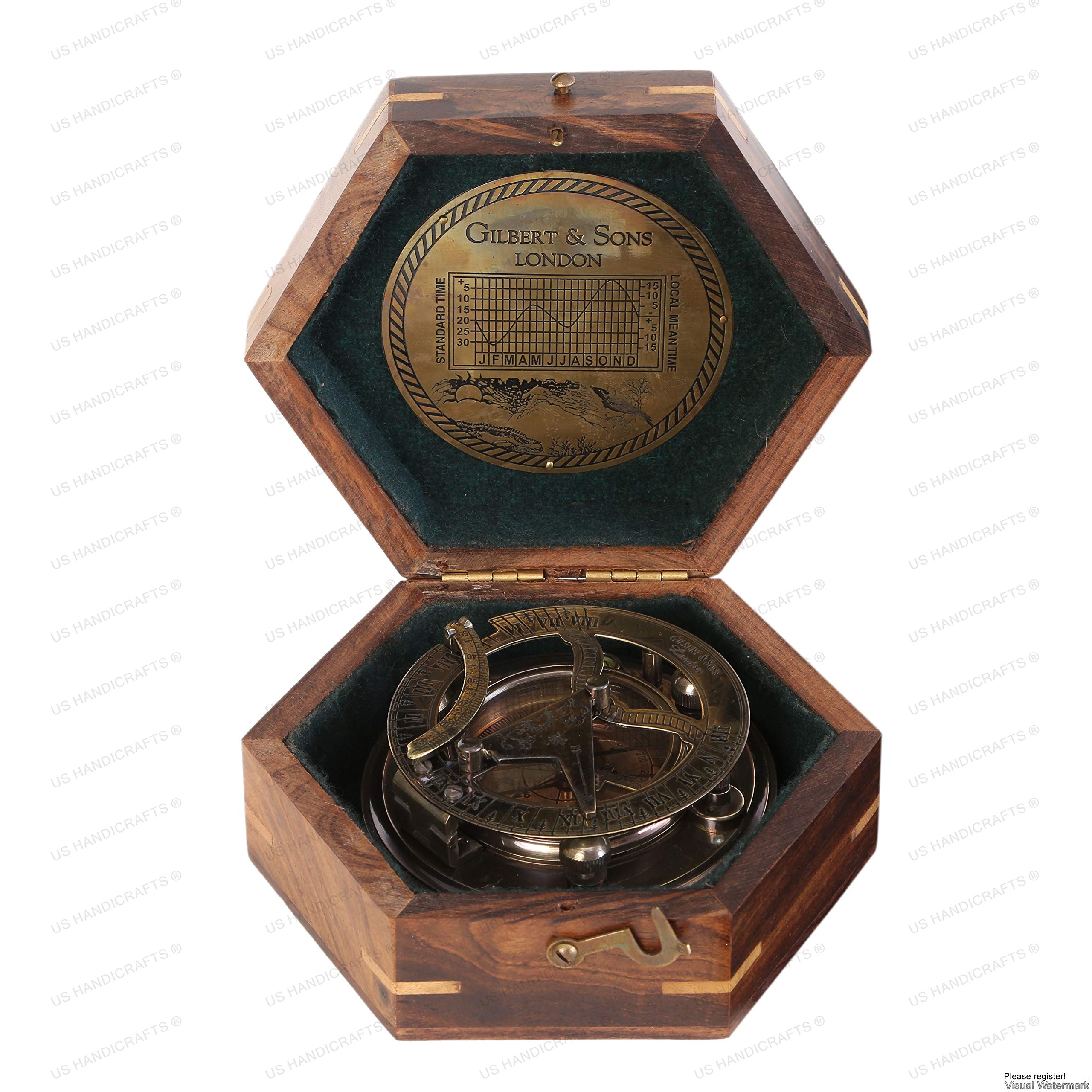 Black Antique Brass Sundial Compass with Hexagonal Wooden Presentation Box view 2