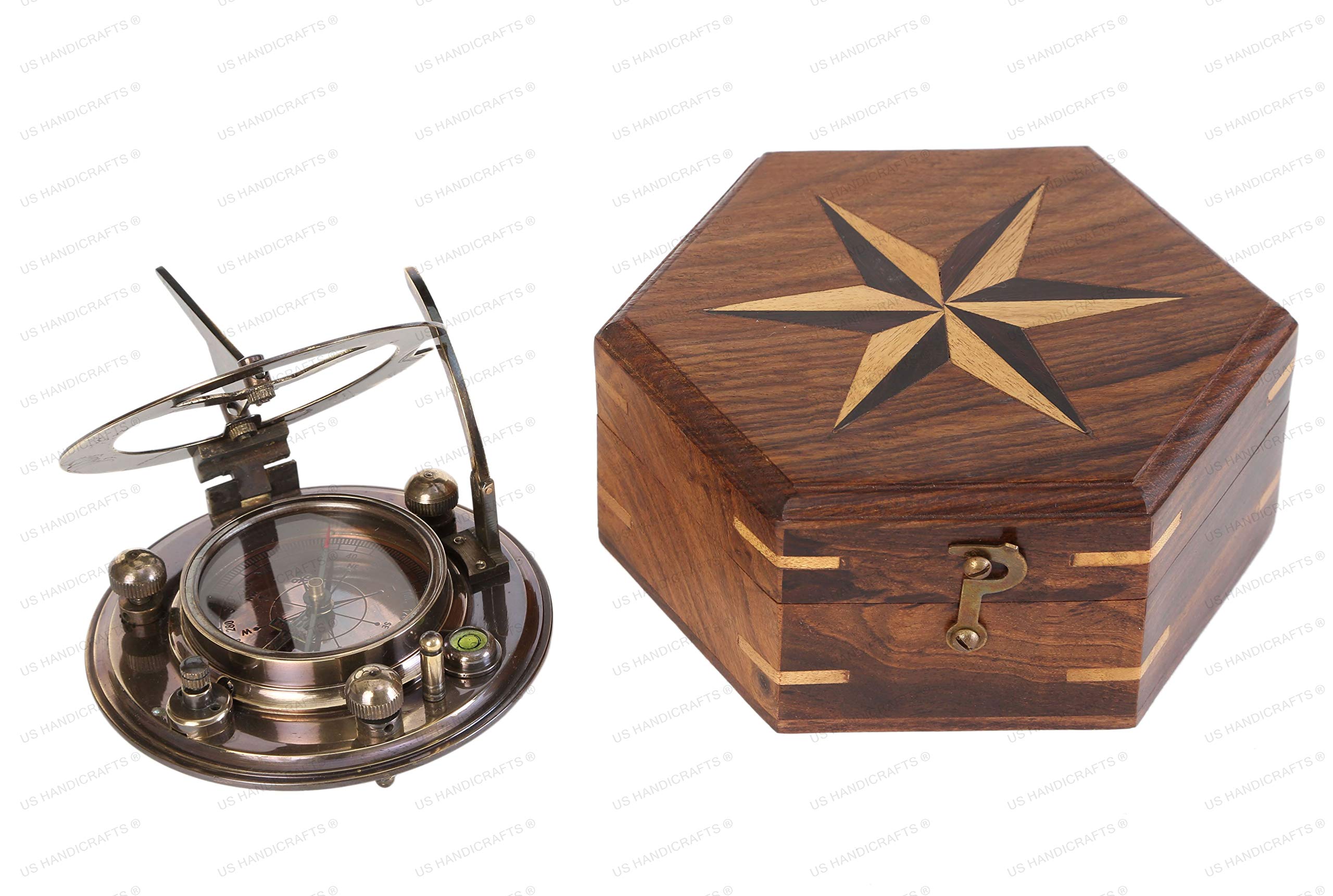 Black Antique Brass Sundial Compass with Hexagonal Wooden Presentation Box view 9