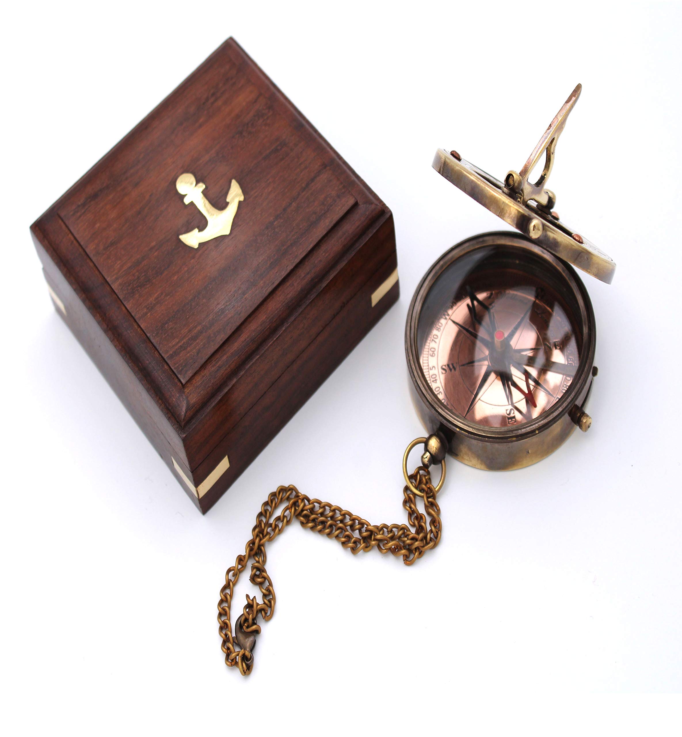 Antique Brass Sundial Compass with Rosewood Presentation Box view 3