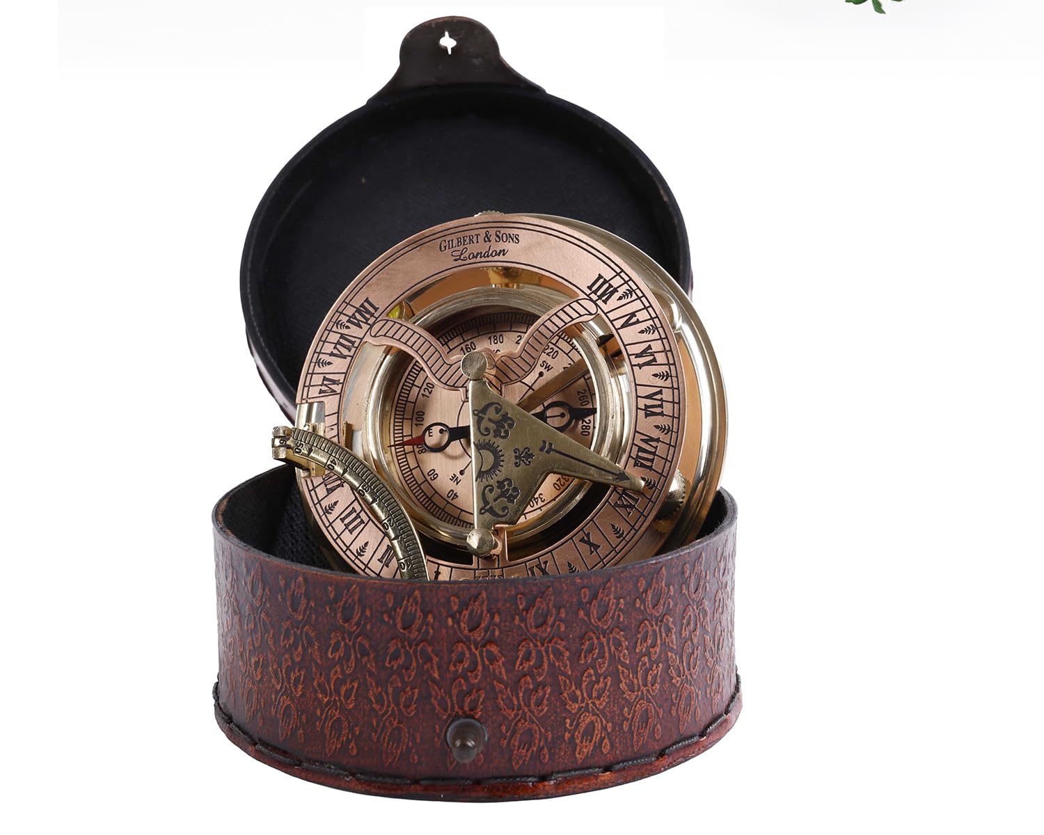 Polished Brass Sundial Compass with Red Leather Case view 15