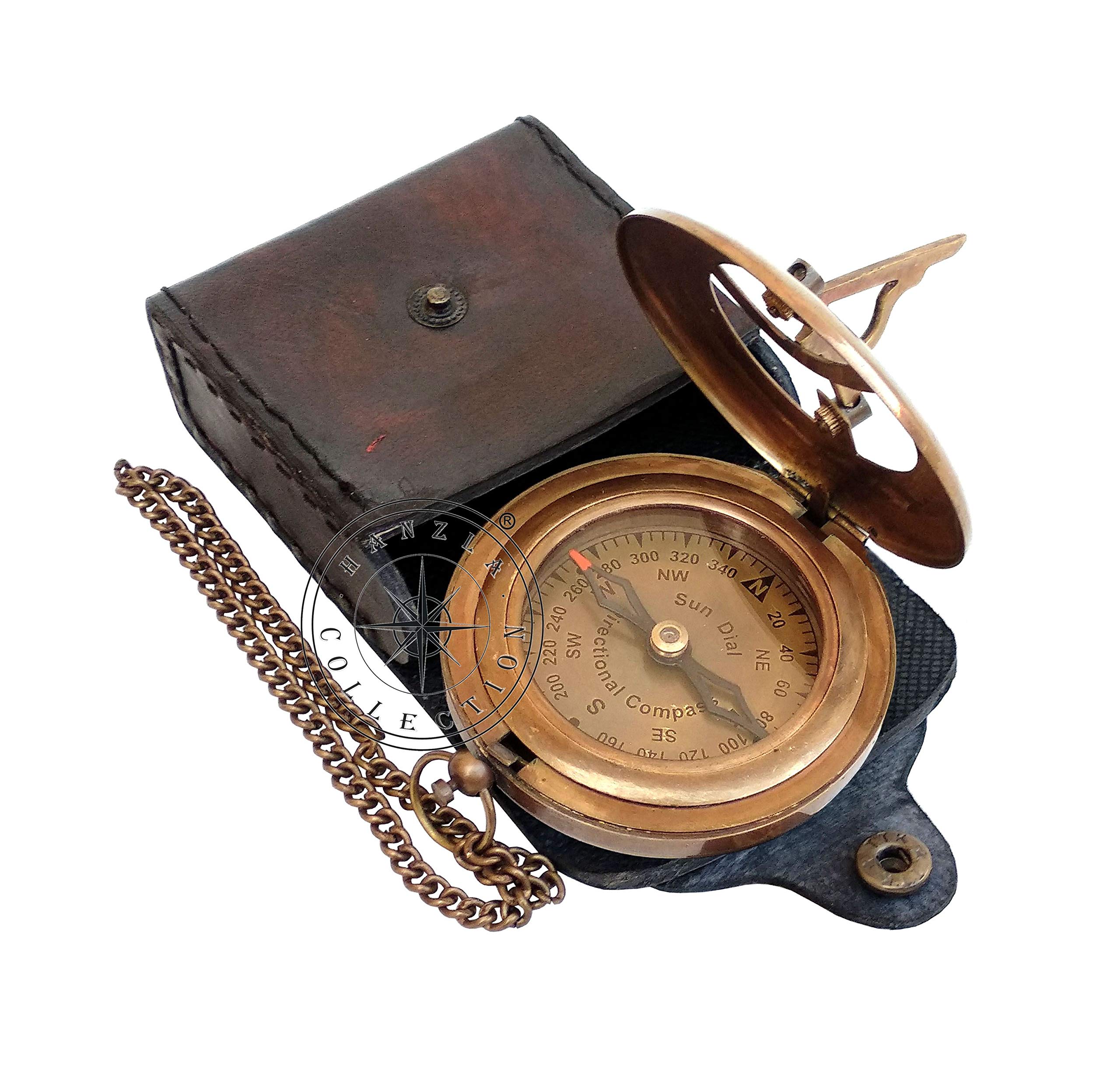 Antique Brass Sundial Compass with Genuine Leather Carry Case view 5