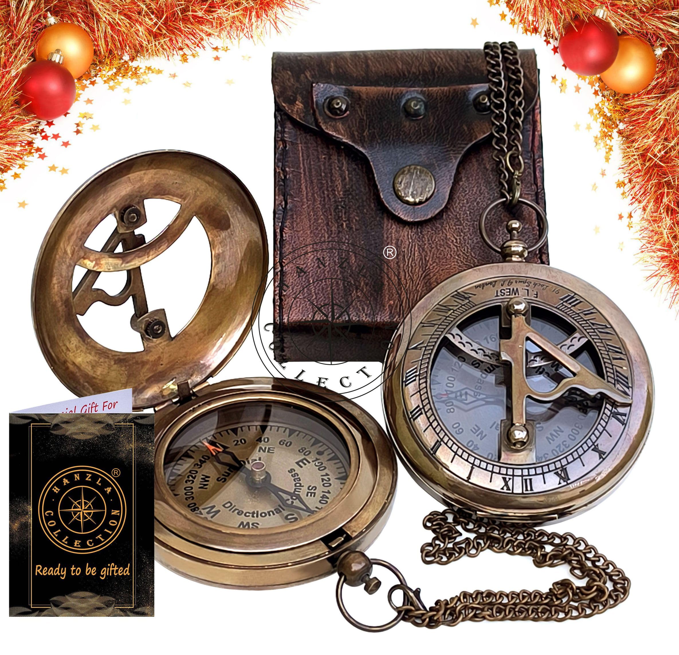 Antique Brass Sundial Compass with Genuine Leather Carry Case view 15