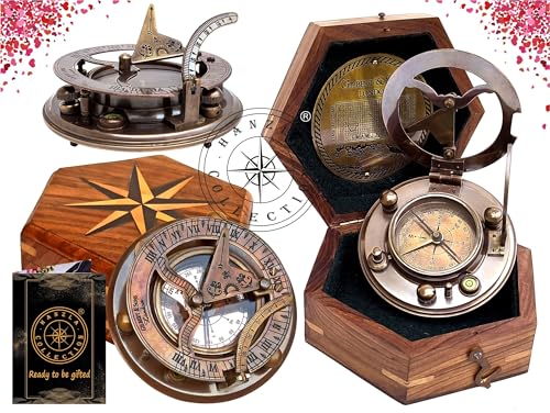 Black Antique Brass Sundial Compass with Hexagonal Wooden Presentation Box view 2