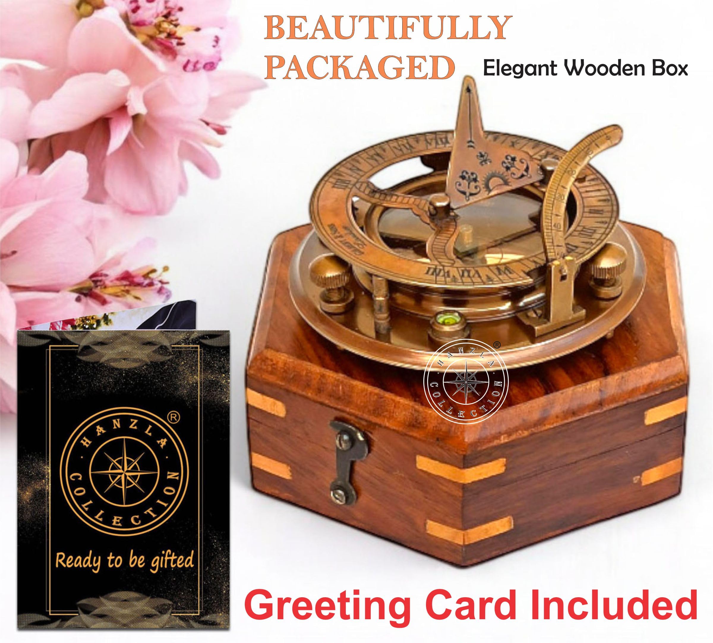 Black Antique Brass Sundial Compass with Hexagonal Wooden Presentation Box view 5