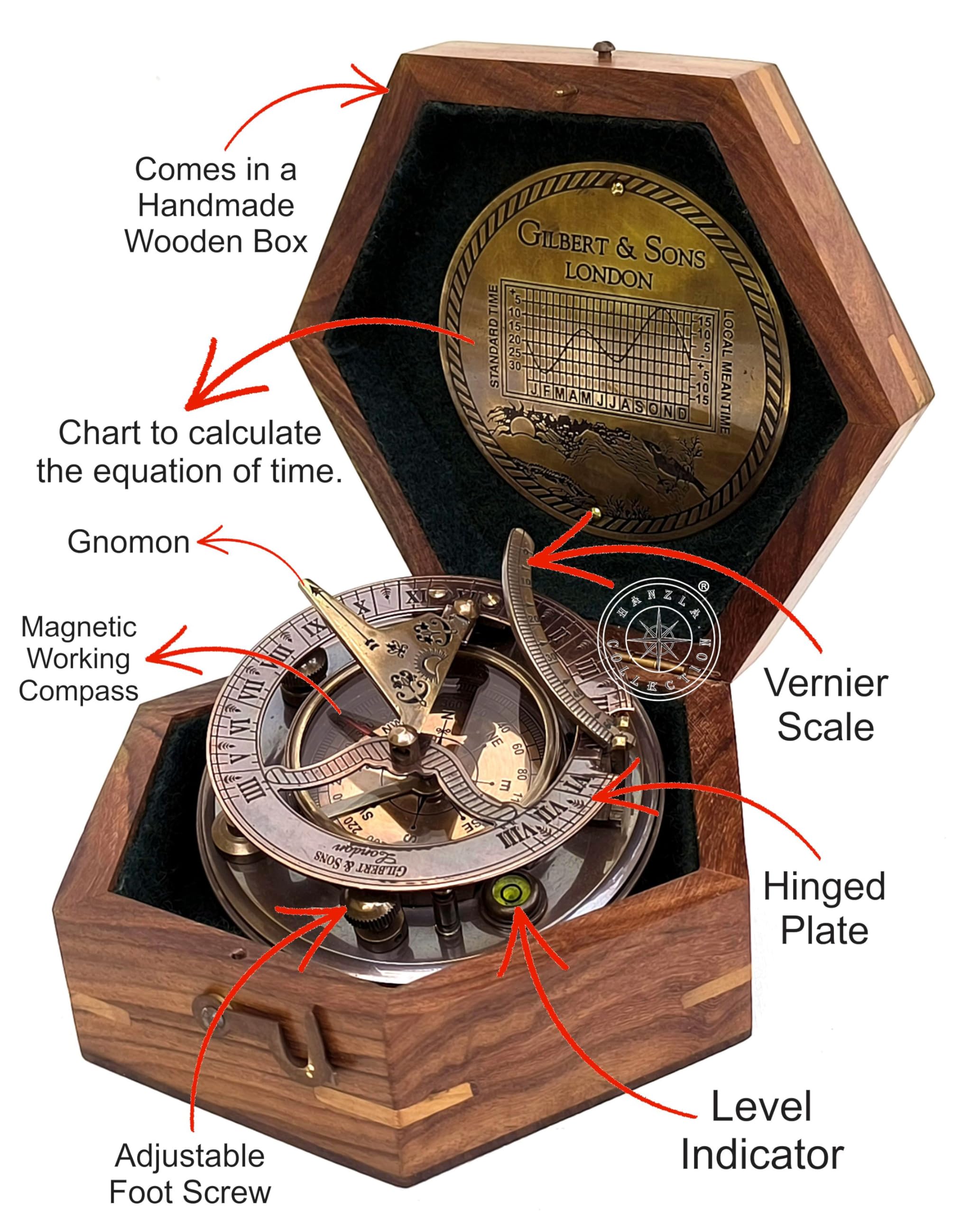Black Antique Brass Sundial Compass with Hexagonal Wooden Presentation Box view 7