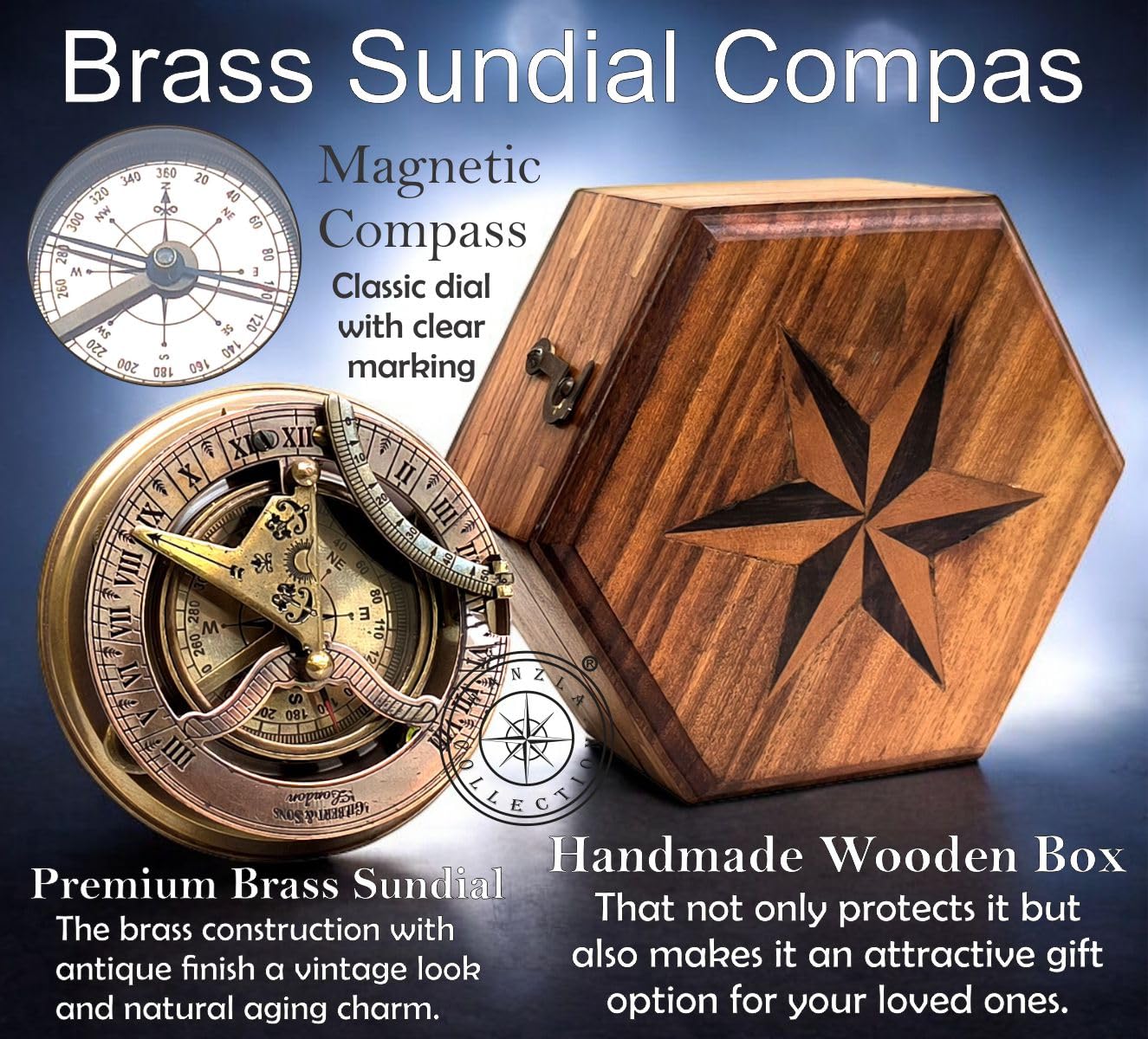 Black Antique Brass Sundial Compass with Hexagonal Wooden Presentation Box view 9