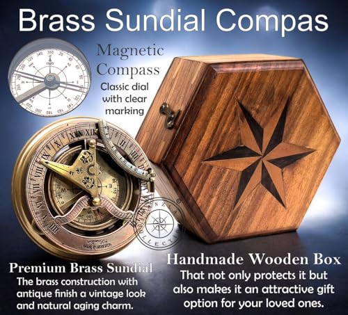 Black Antique Brass Sundial Compass with Hexagonal Wooden Presentation Box view 10