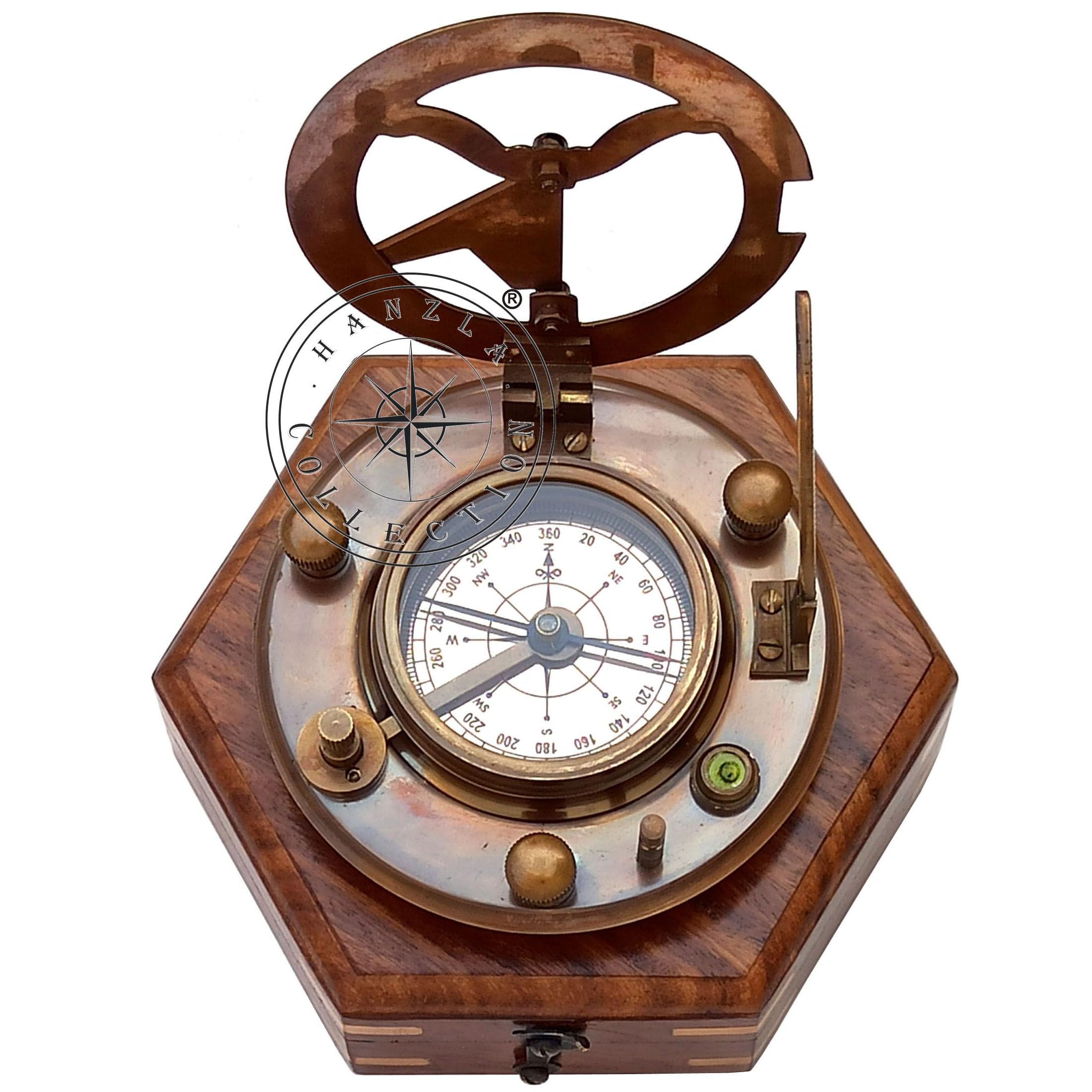 Black Antique Brass Sundial Compass with Hexagonal Wooden Presentation Box view 15