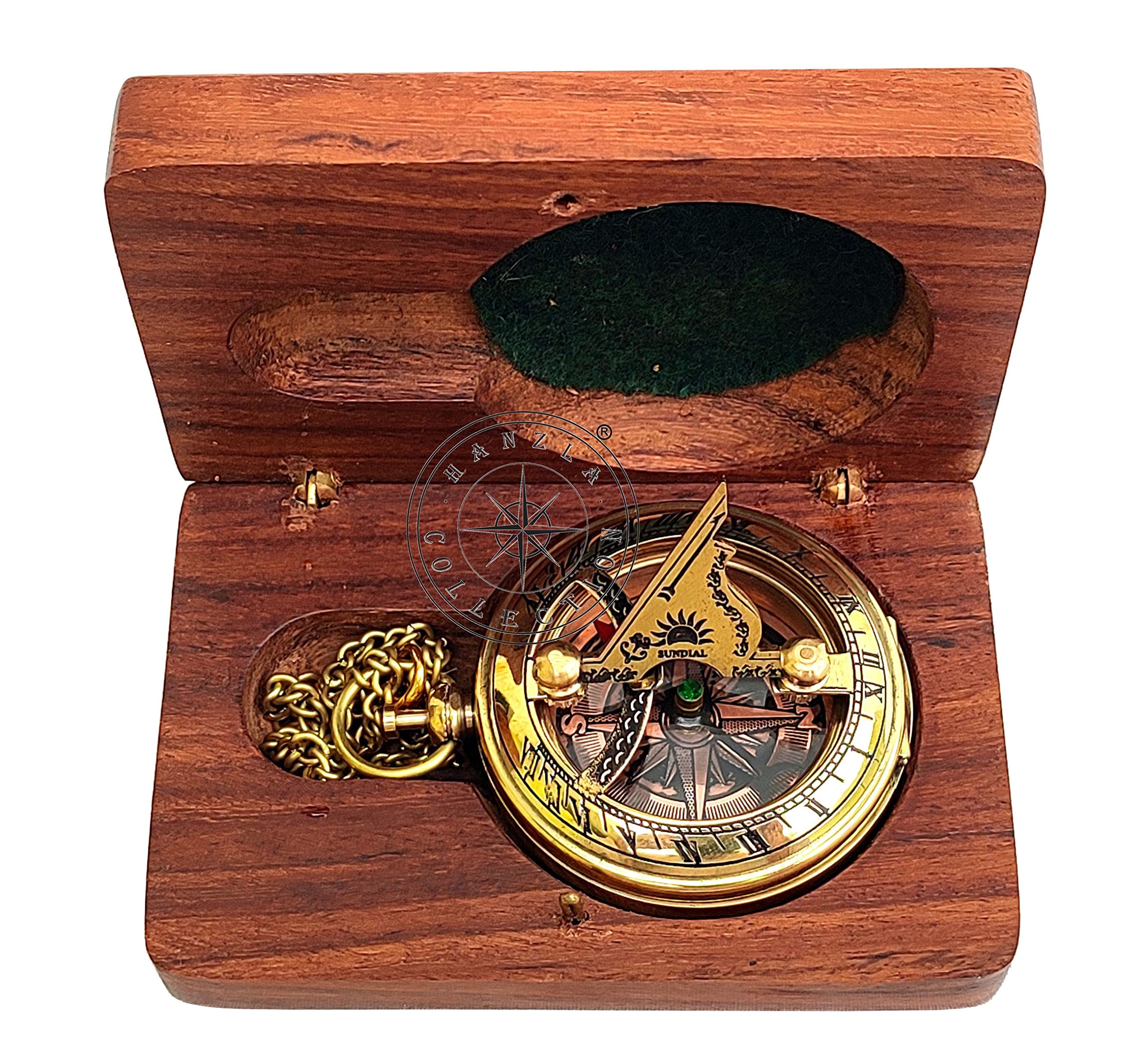 Polished Brass Sundial Compass with Fitted Wooden Presentation Box view 7