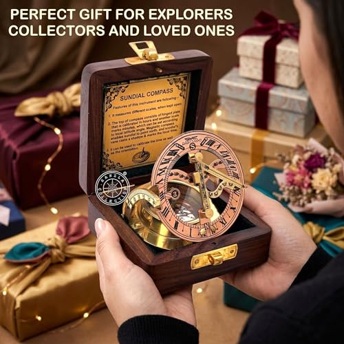 Polished Brass Sundial Compass with Fitted Wooden Presentation Box view 8