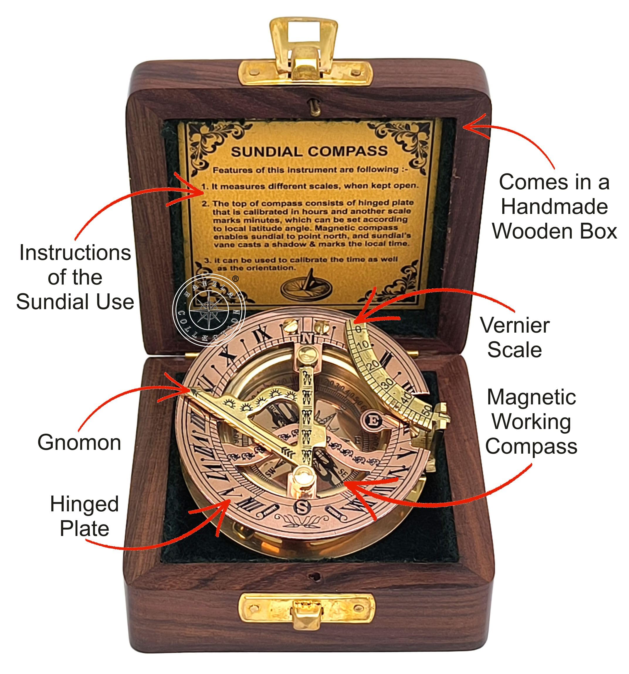 Polished Brass Sundial Compass with Fitted Wooden Presentation Box view 15