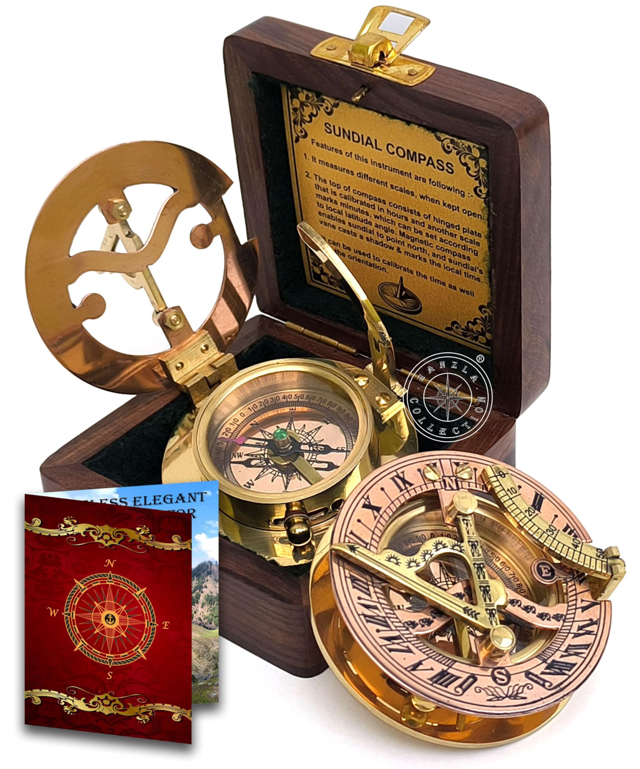 Polished Brass Sundial Compass with Fitted Wooden Presentation Box view 17