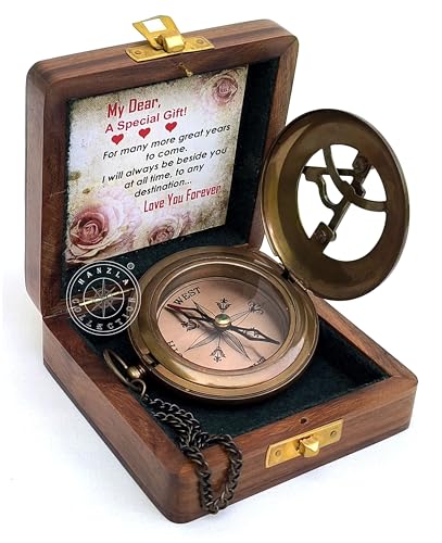 Antique Brass Sundial Compass with Fitted Wooden Presentation Box view 2