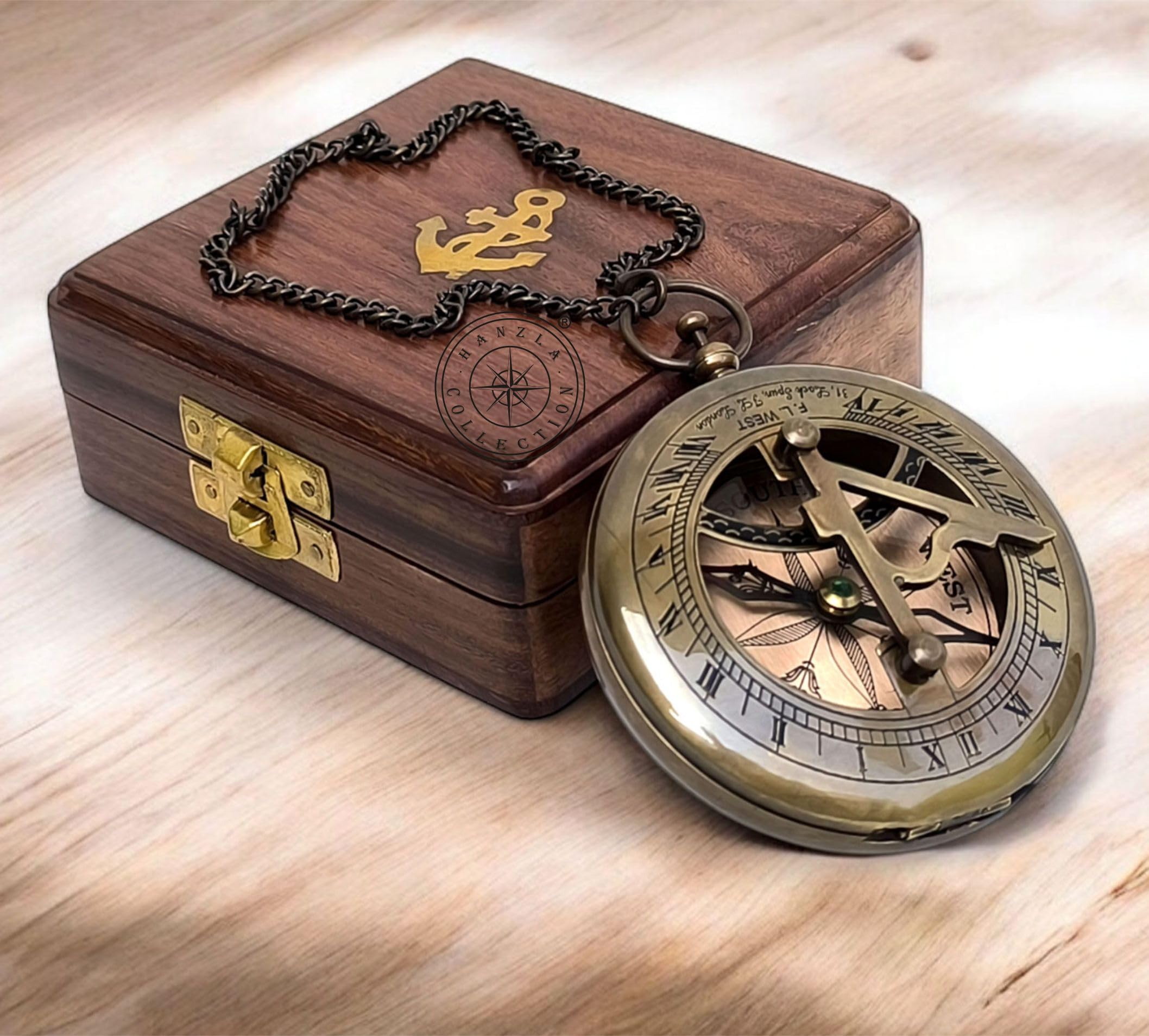 Antique Brass Sundial Compass with Fitted Wooden Presentation Box view 3