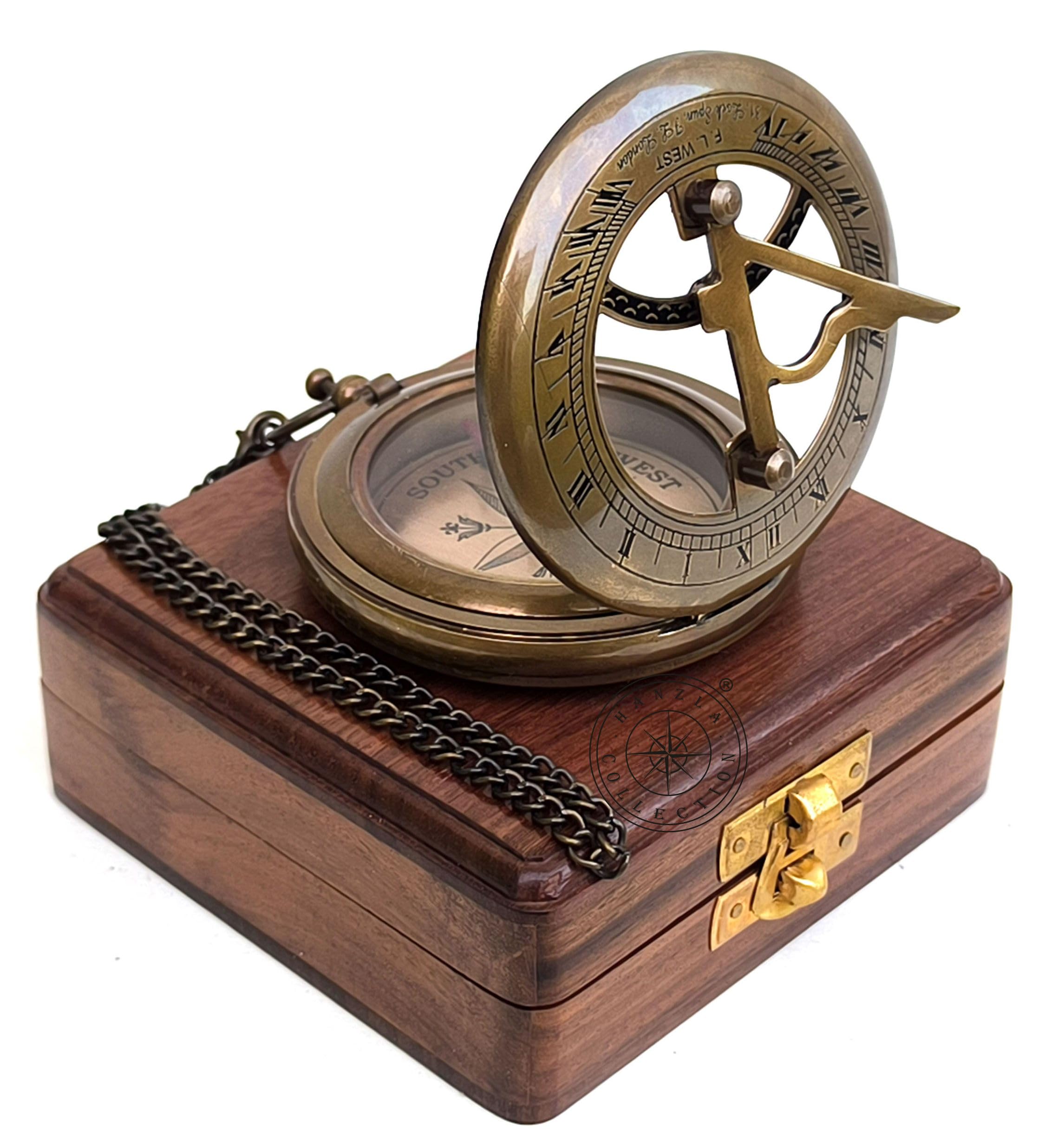 Antique Brass Sundial Compass with Fitted Wooden Presentation Box view 11