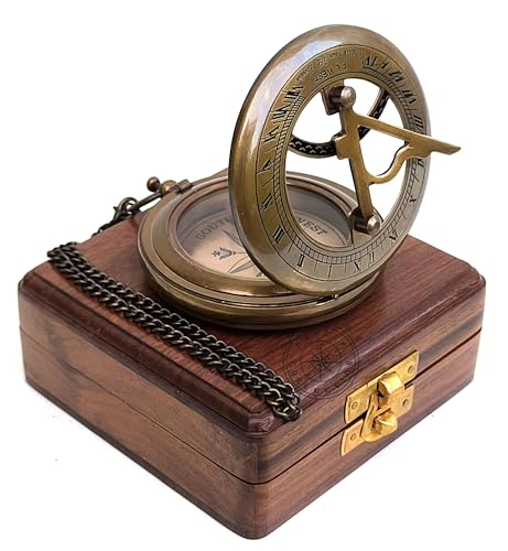 Antique Brass Sundial Compass with Fitted Wooden Presentation Box view 12