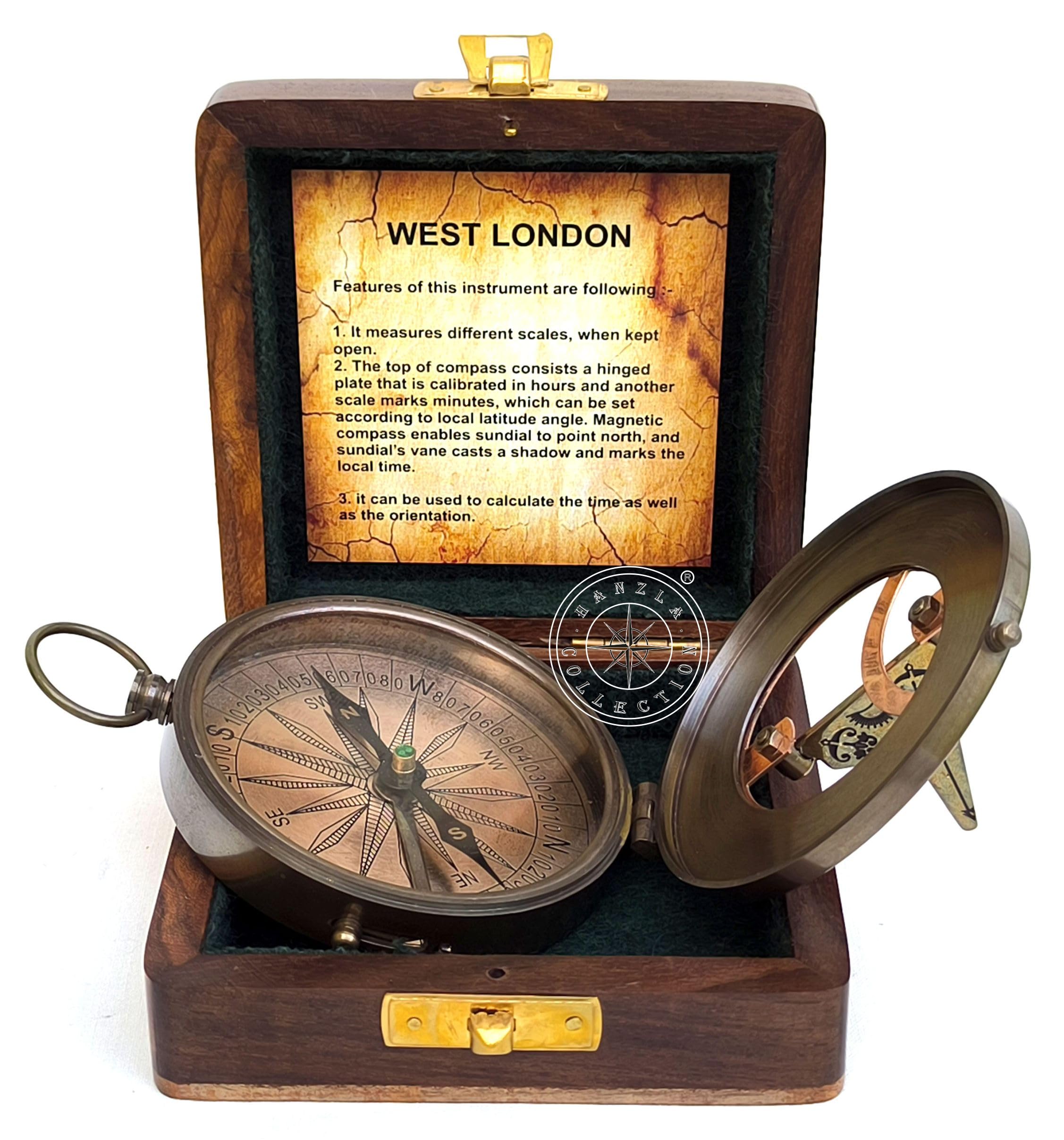 Antique Brass Sundial Compass with Rosewood Presentation Box view 6