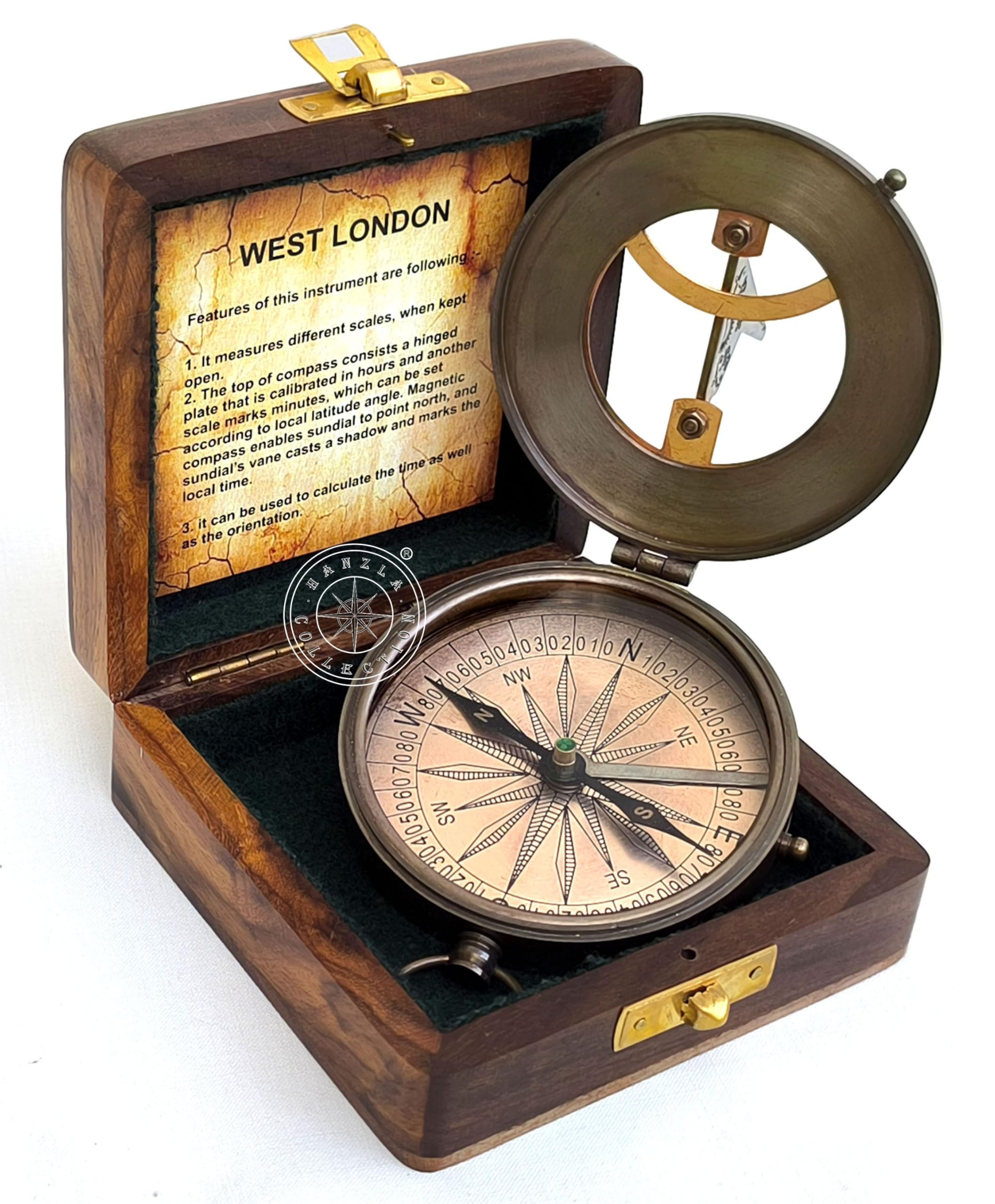 Antique Brass Sundial Compass with Rosewood Presentation Box view 10