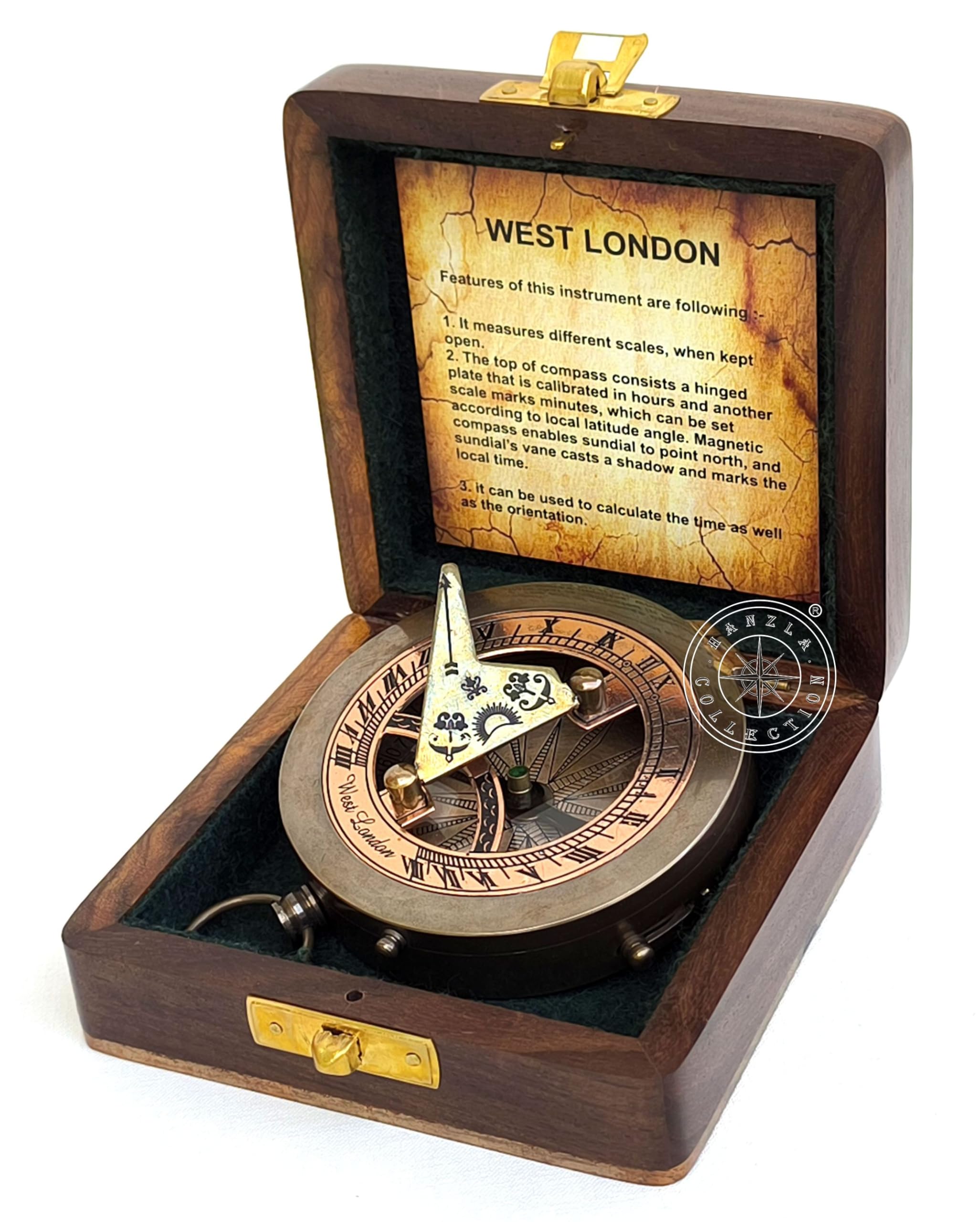 Antique Brass Sundial Compass with Rosewood Presentation Box view 13