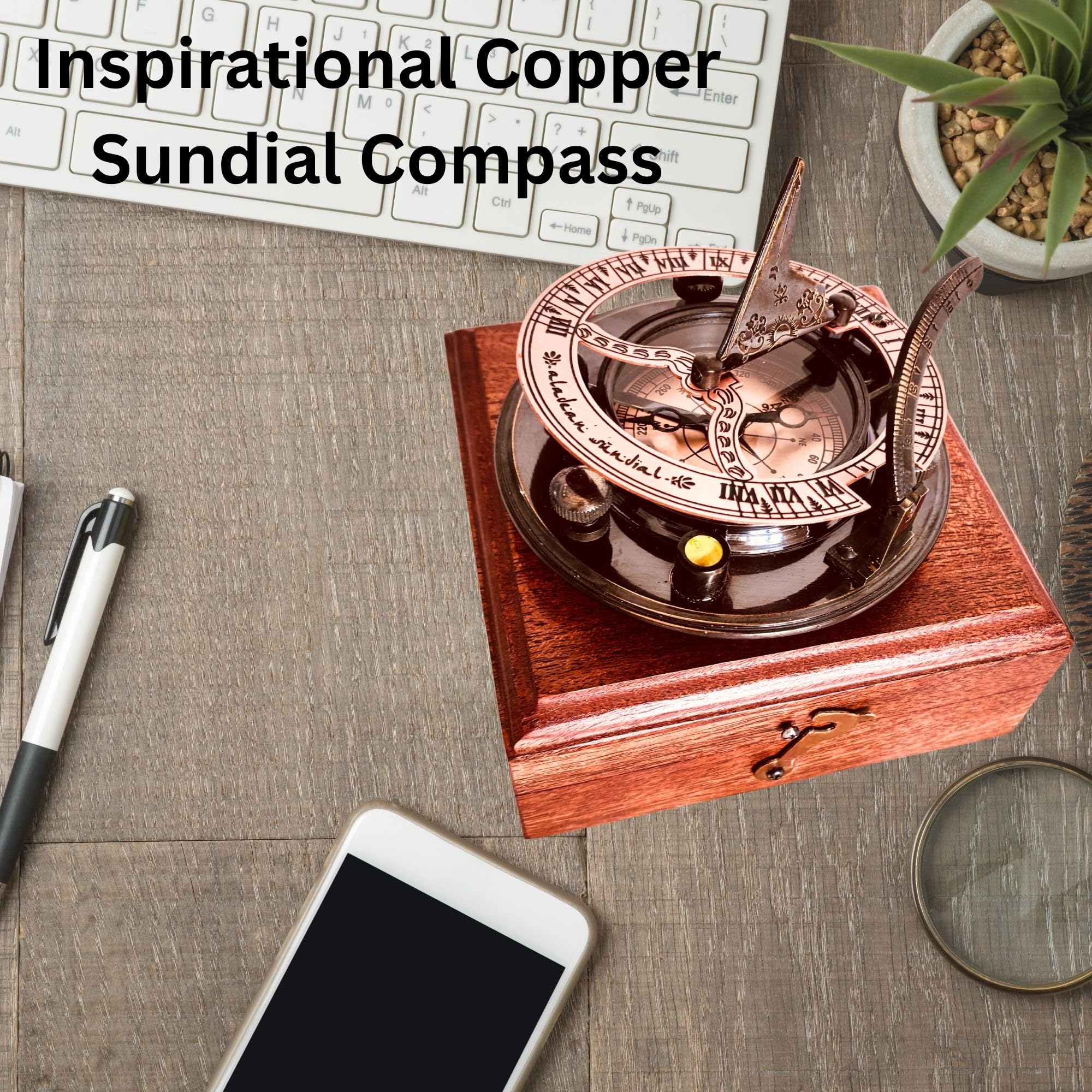 Antique Brass Sundial Compass with Wooden Box view 7