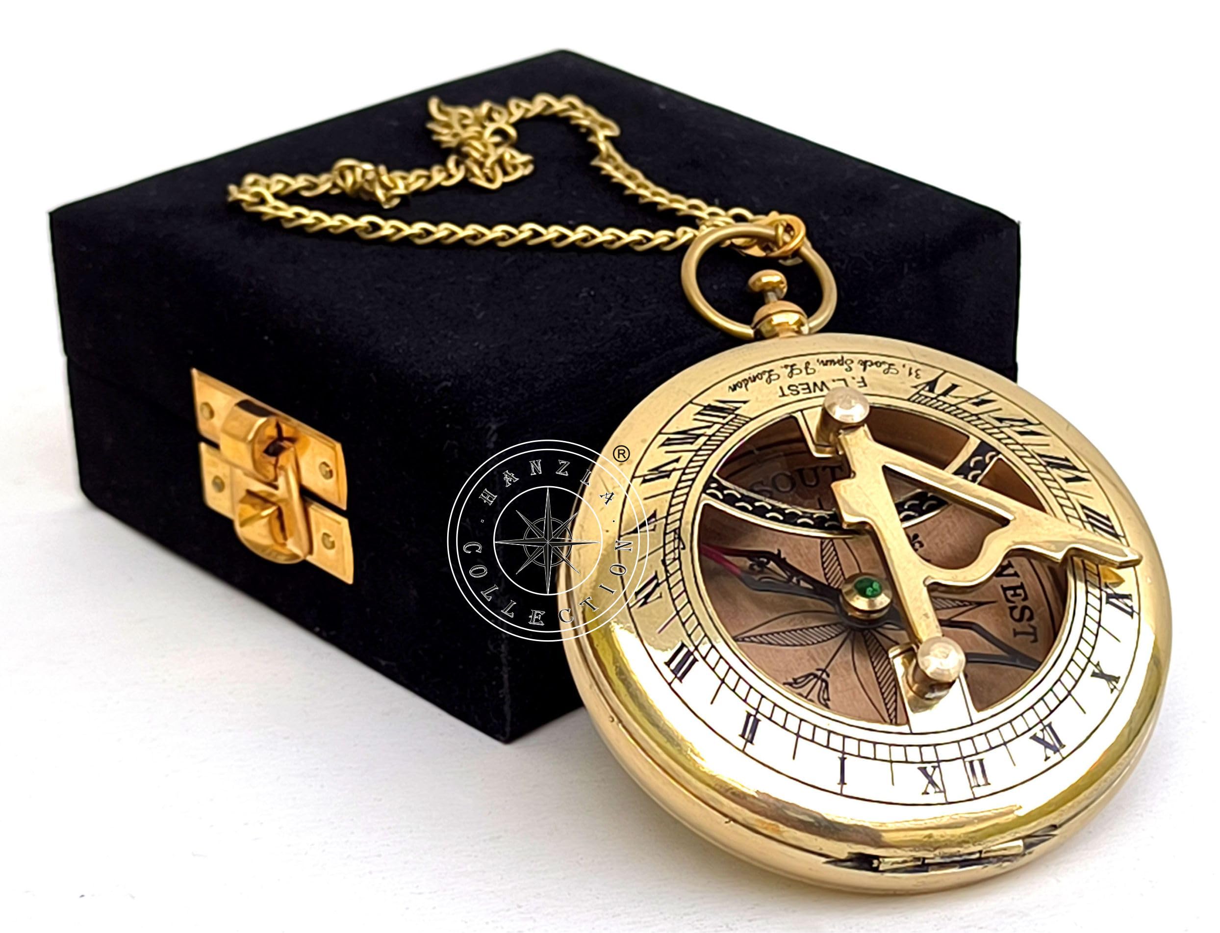 Antique Brass Sundial Compass with Velvet Box view 3