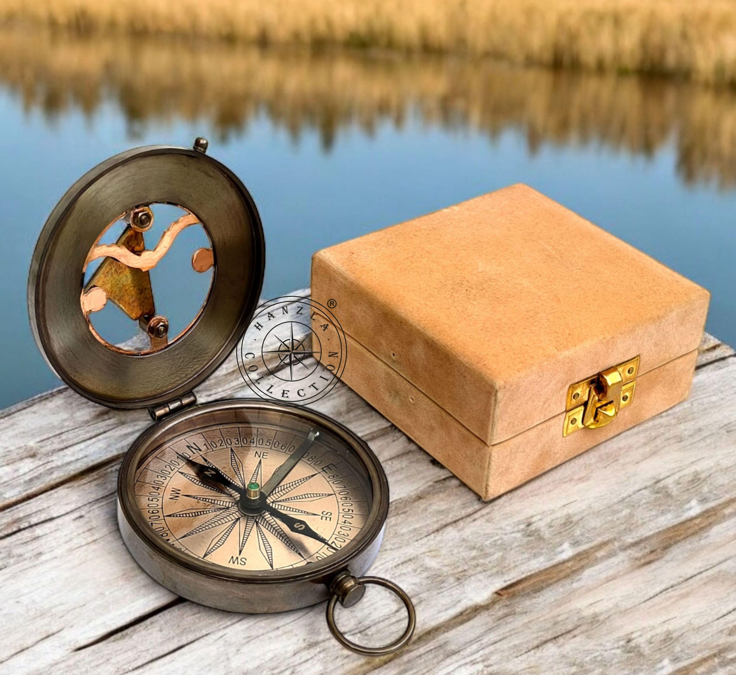 Antique Brass Sundial Compass with Velvet Box view 3