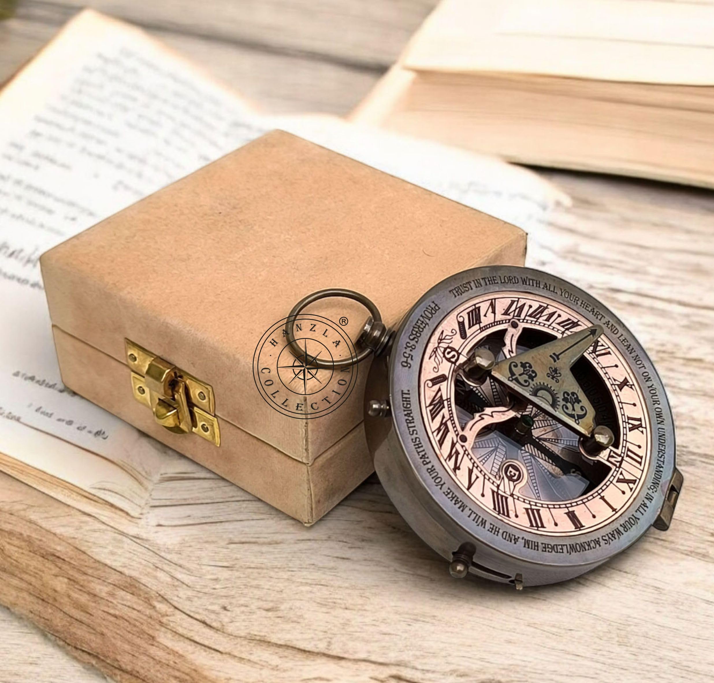 Antique Brass Sundial Compass with Velvet Box view 7