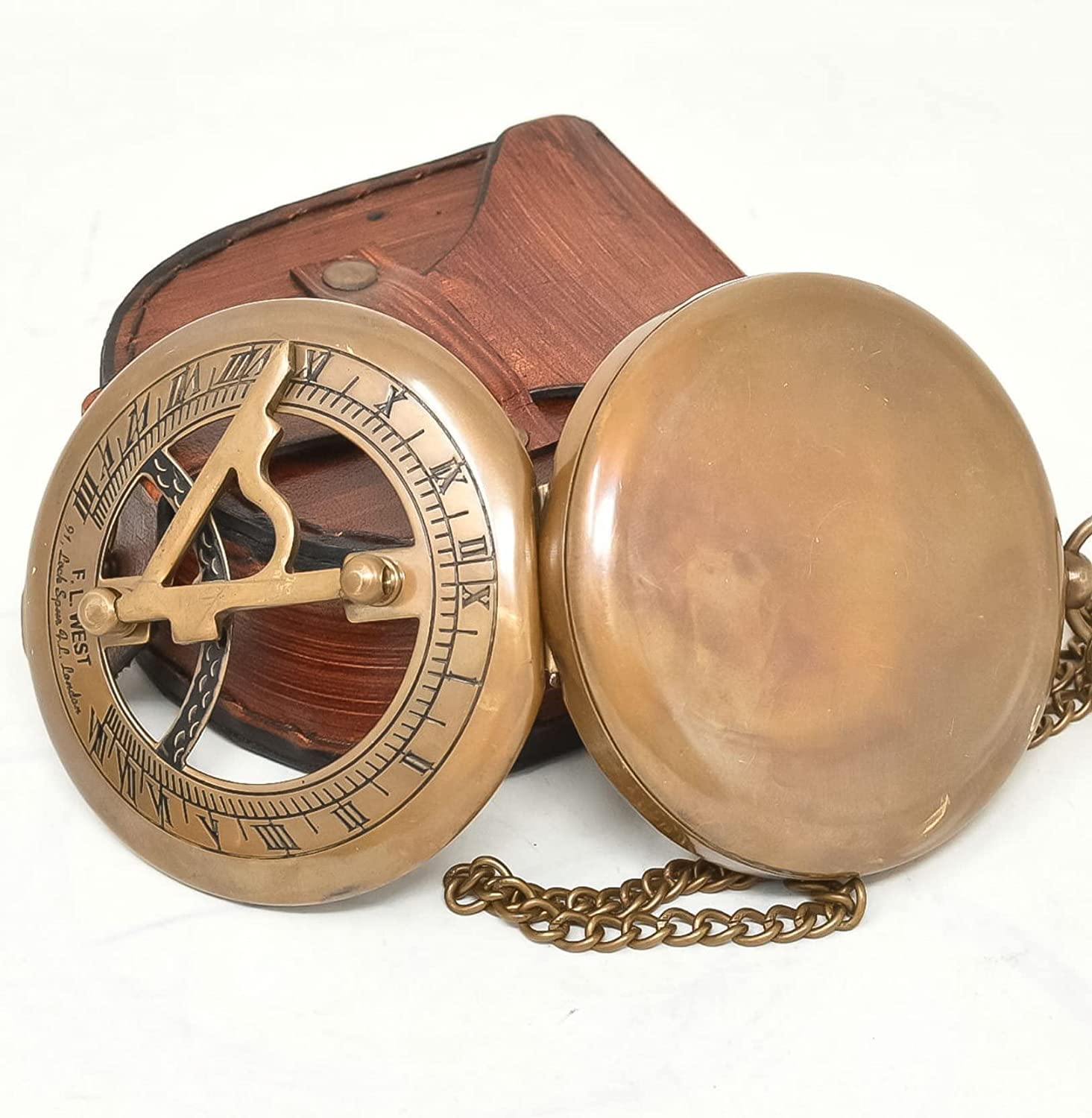 Antique Brass Sundial Compass with Leather Presentation Box view 9