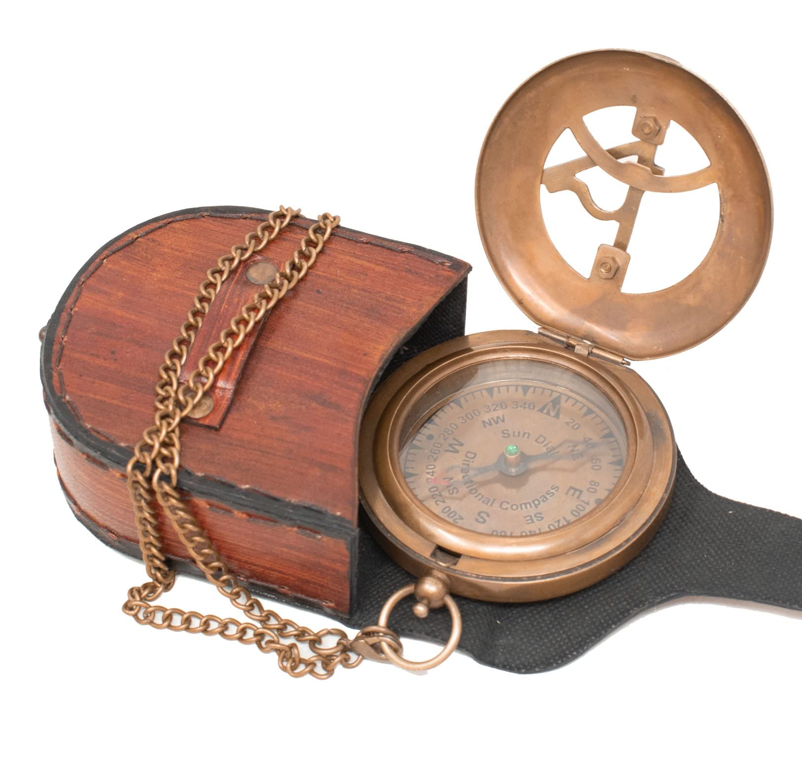 Antique Brass Sundial Compass with Leather Presentation Box view 11
