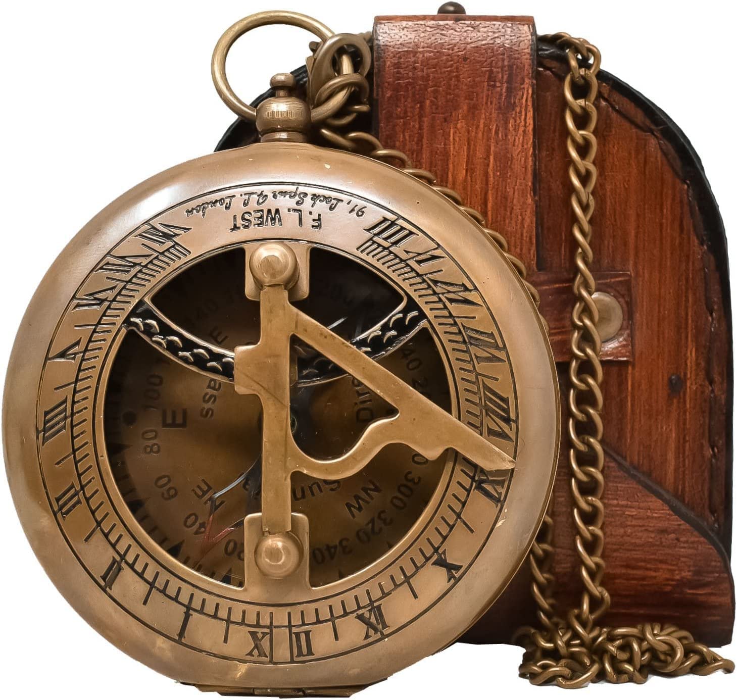 Antique Brass Sundial Compass with Leather Presentation Box view 12