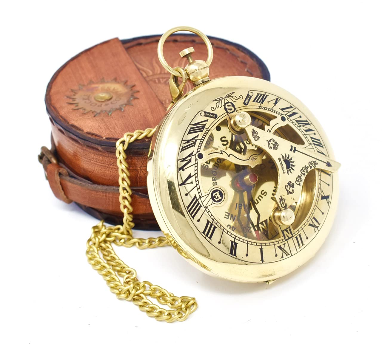 Polished Brass Sundial Compass with Red Leather Case view 2
