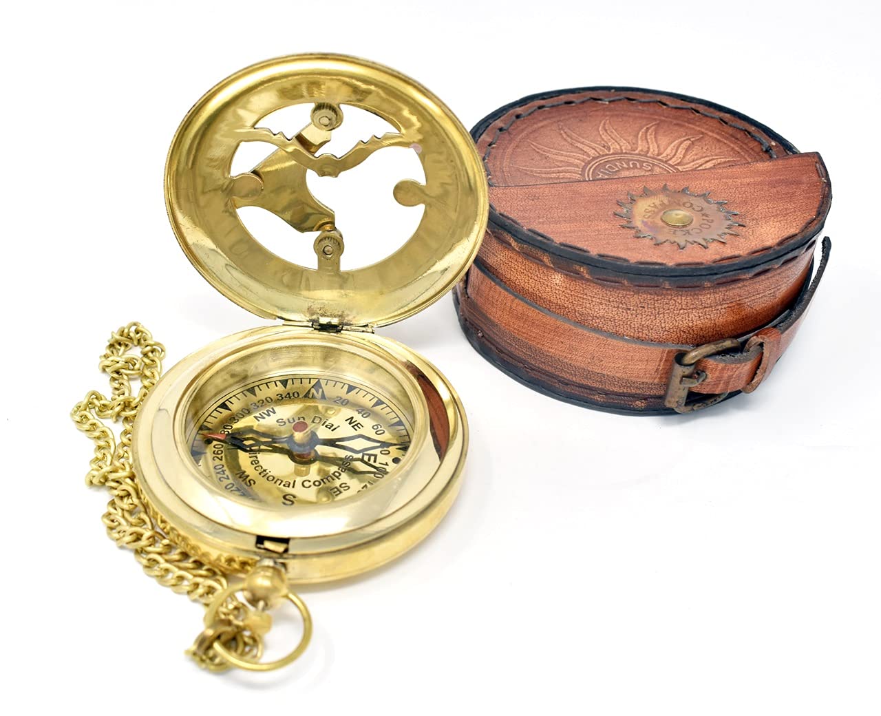 Polished Brass Sundial Compass with Red Leather Case view 4