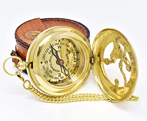 Polished Brass Sundial Compass with Red Leather Case view 7