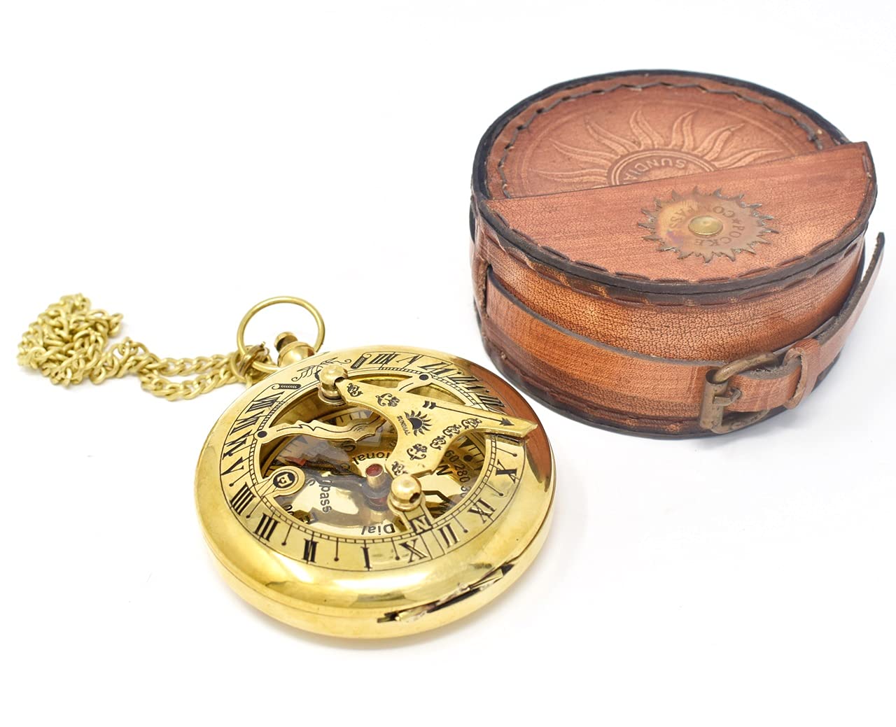 Polished Brass Sundial Compass with Red Leather Case view 9