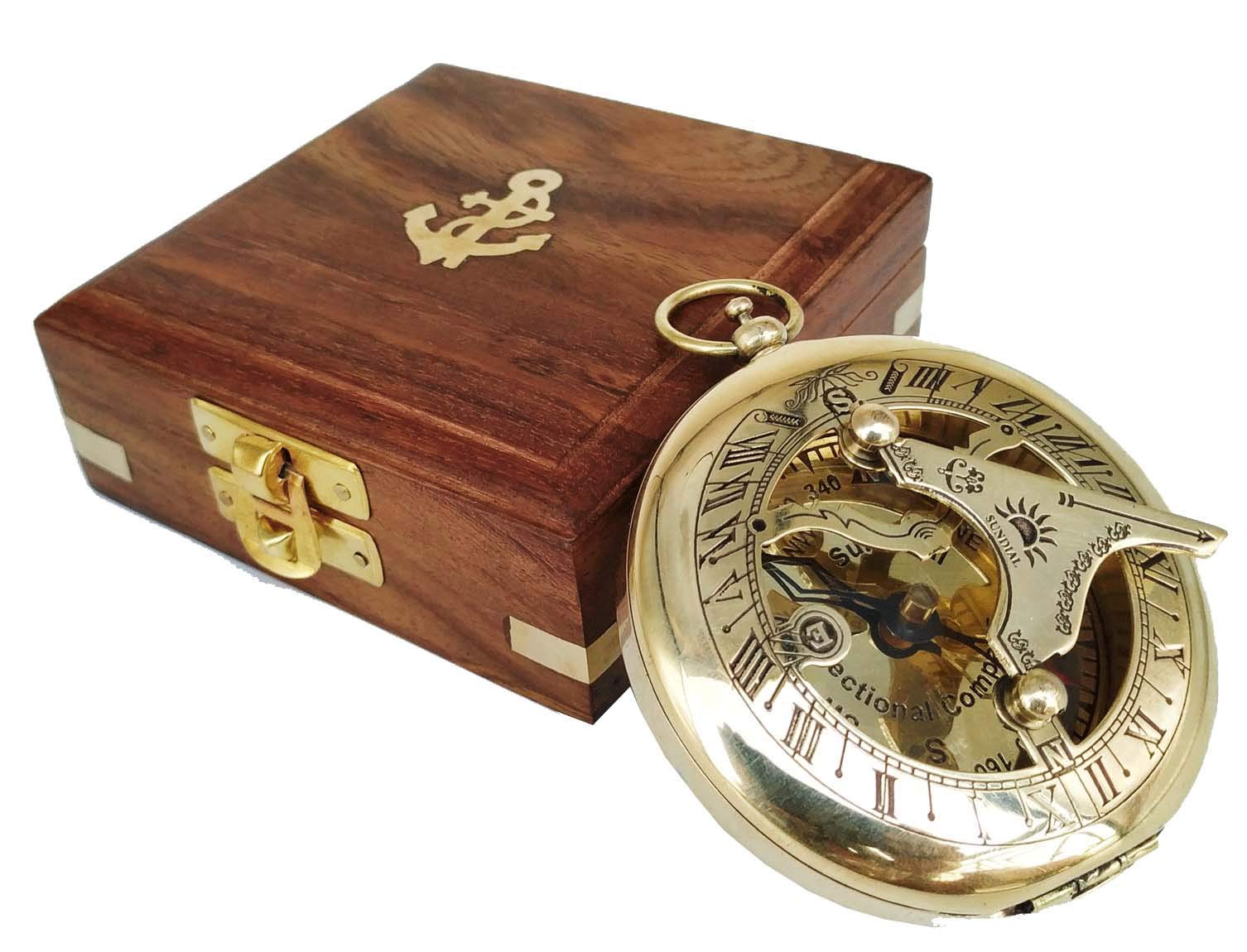 Antique Brass Sundial Compass with Wooden Box view 2