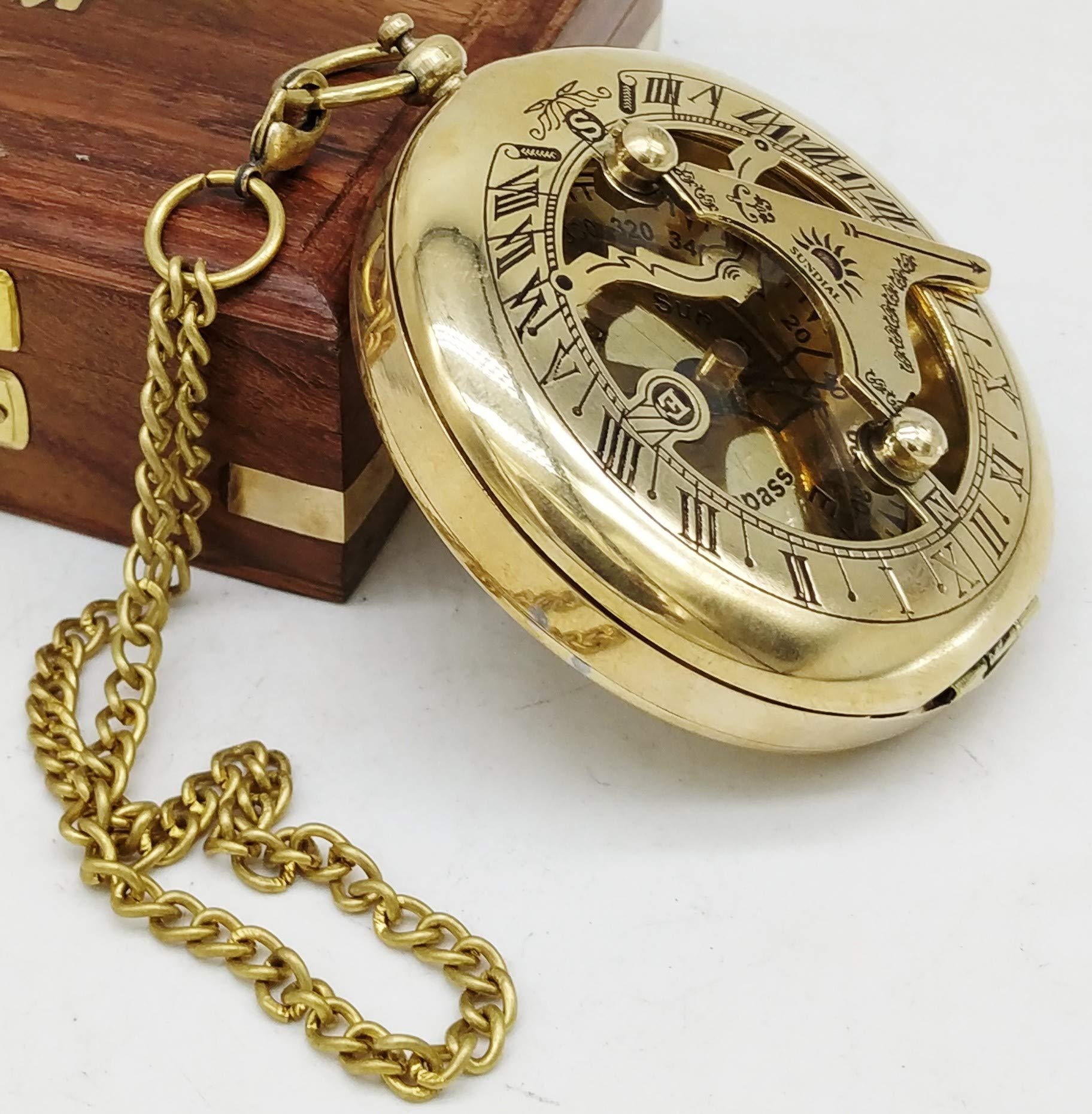 Antique Brass Sundial Compass with Wooden Box view 5