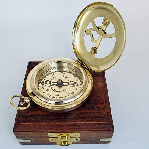 Antique Brass Sundial Compass with Wooden Box view 10