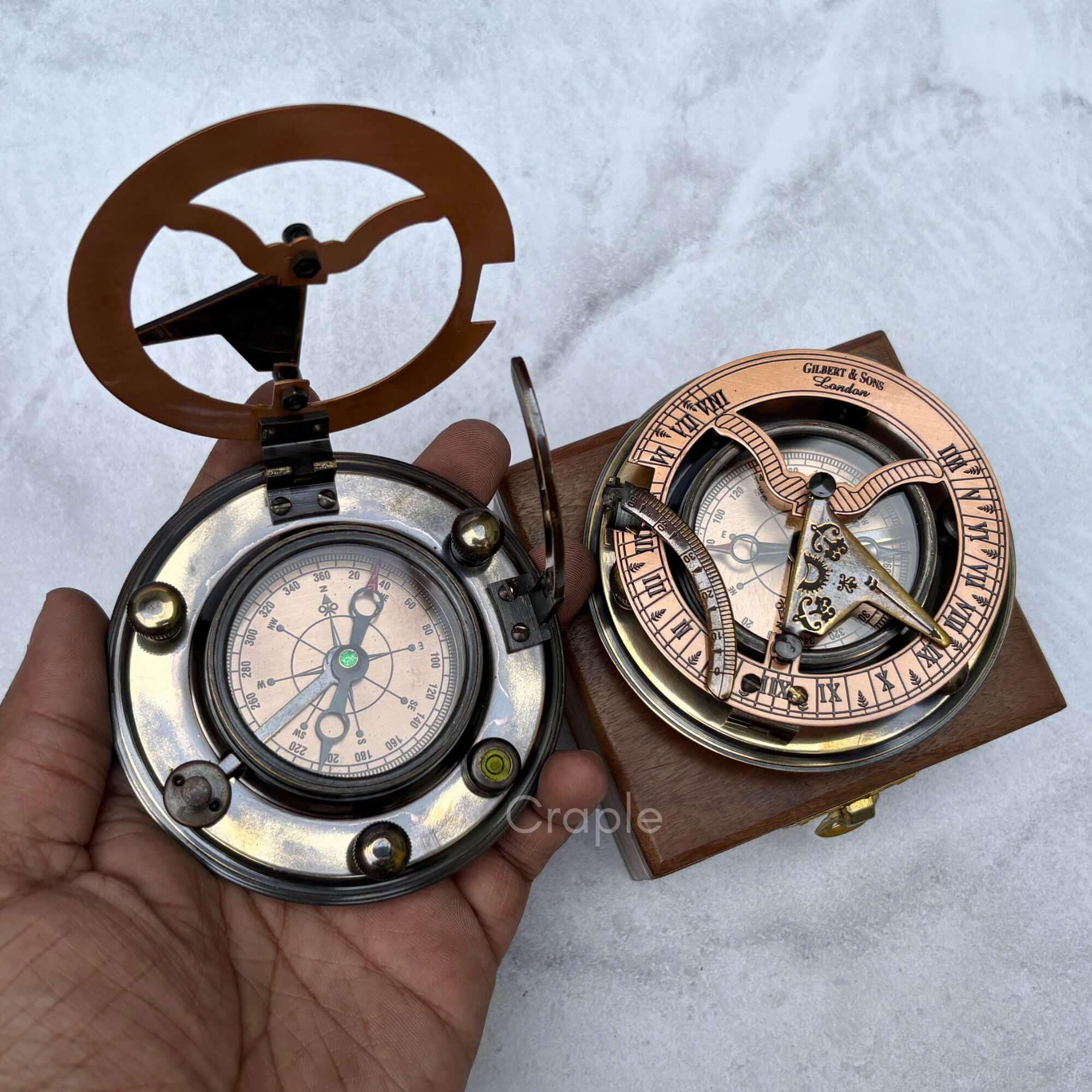 Antique Brass Sundial Compass with Fitted Wooden Presentation Box view 8