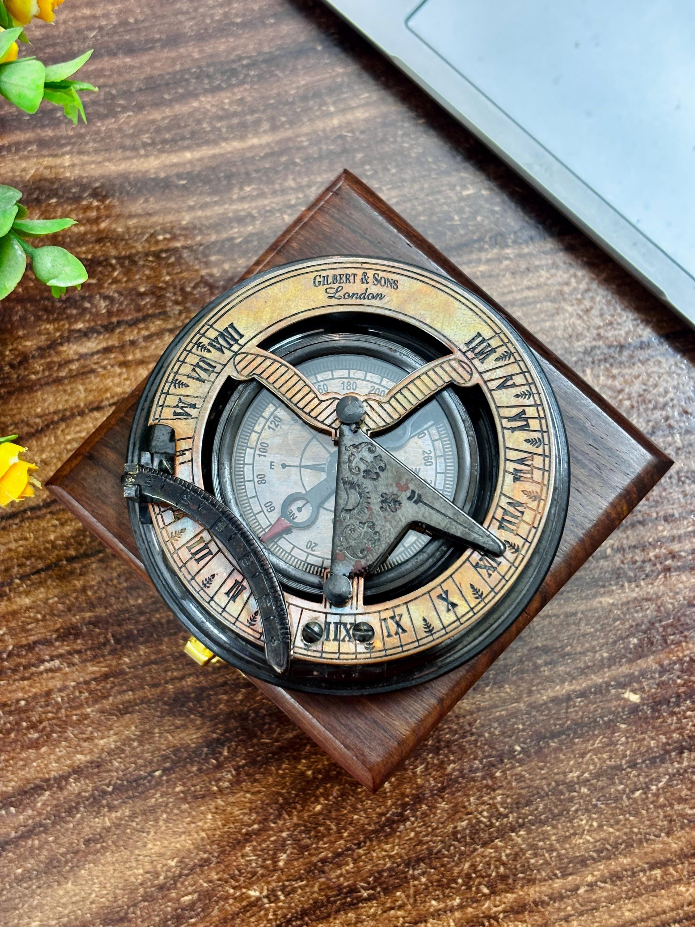 Black Antique Brass Sundial Compass with Black Wooden Presentation Box view 5