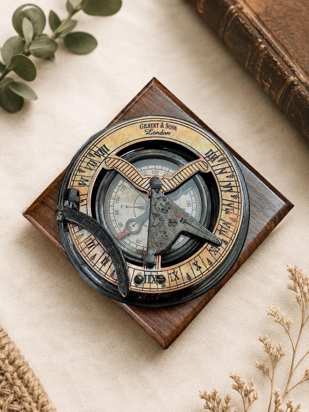 Black Antique Brass Sundial Compass with Black Wooden Presentation Box view 11