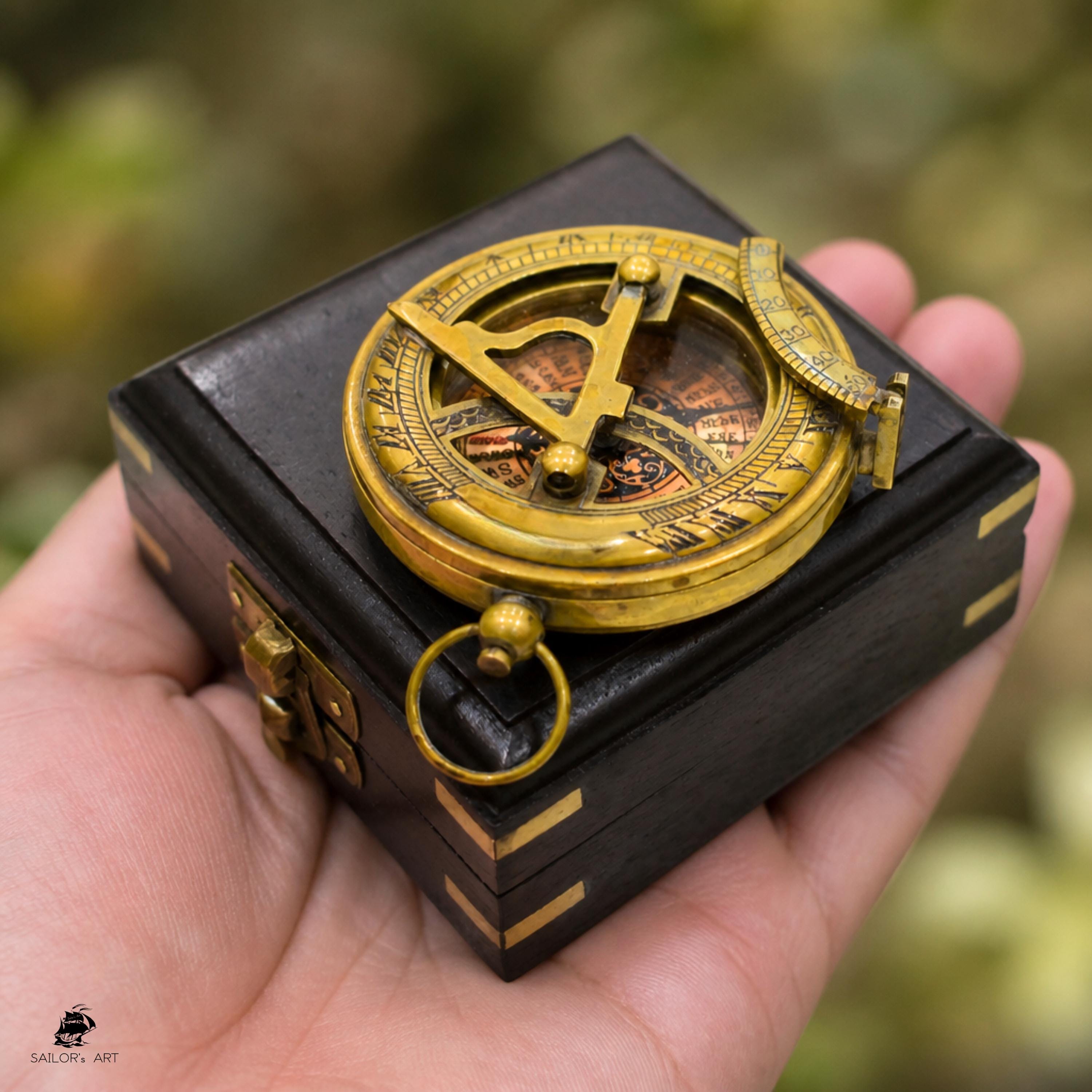 Antique Brass Sundial Compass with Fitted Wooden Presentation Box view 3
