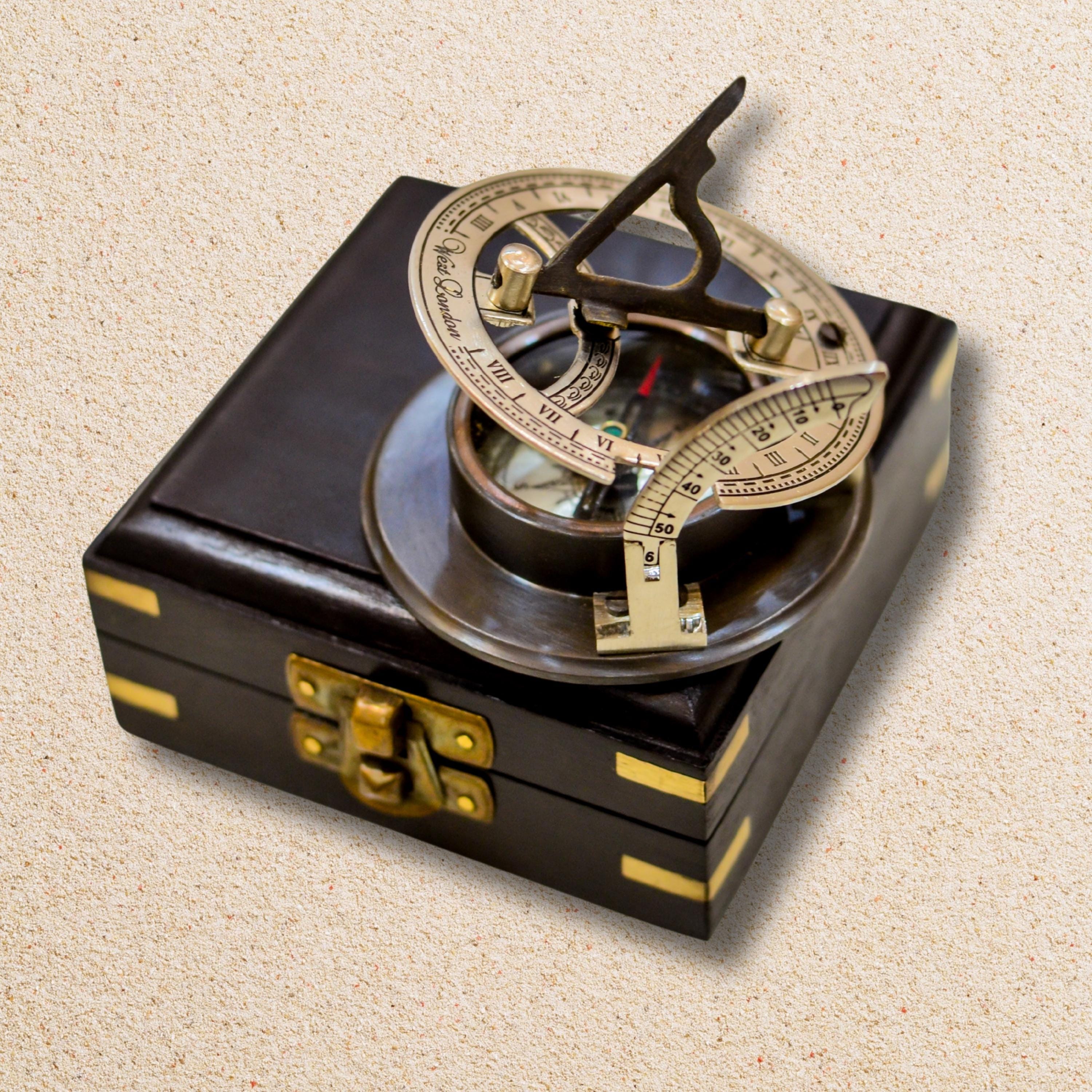 Black Antique Brass Sundial Compass with Black Wooden Presentation Box view 11